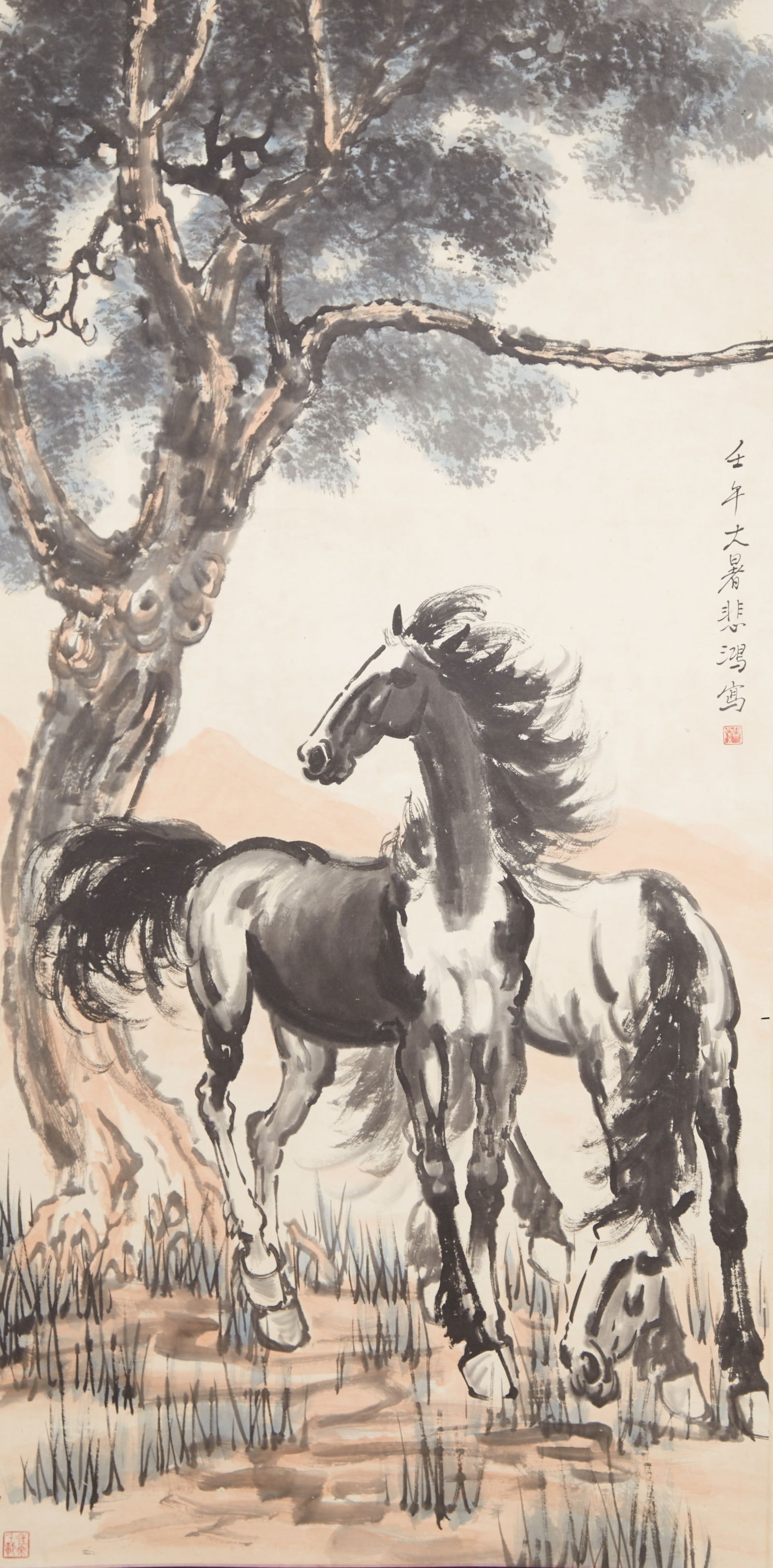 A "TWO HORSES", PAINTING ON PAPER BY XU BEIHONG.徐悲鴻: "Two Horses", Painting on Paper by Xu Beihong.徐悲鴻