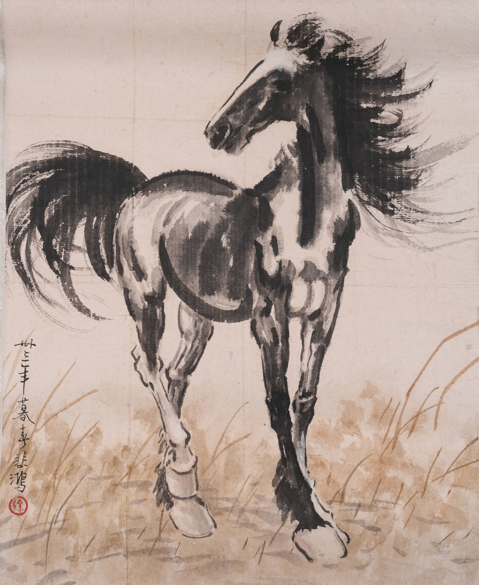 A LONG-NECKED STEED PAINTING ON PAPER BY XU BEIHONG, HANGING SCROLL.徐悲鴻 (1 of 9)
