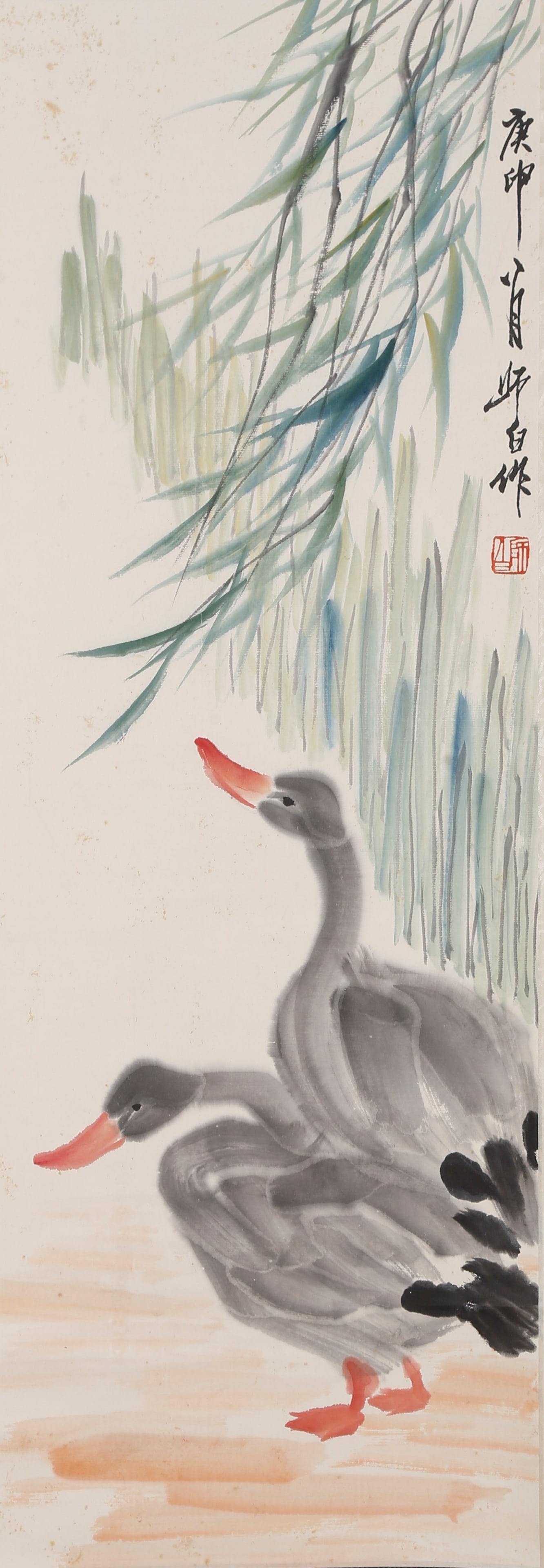 A DUCK PAINTING ON PAPER BY LOU SHIBAI.婁師白: Duck Painting on Paper by Lou Shibai.婁師白