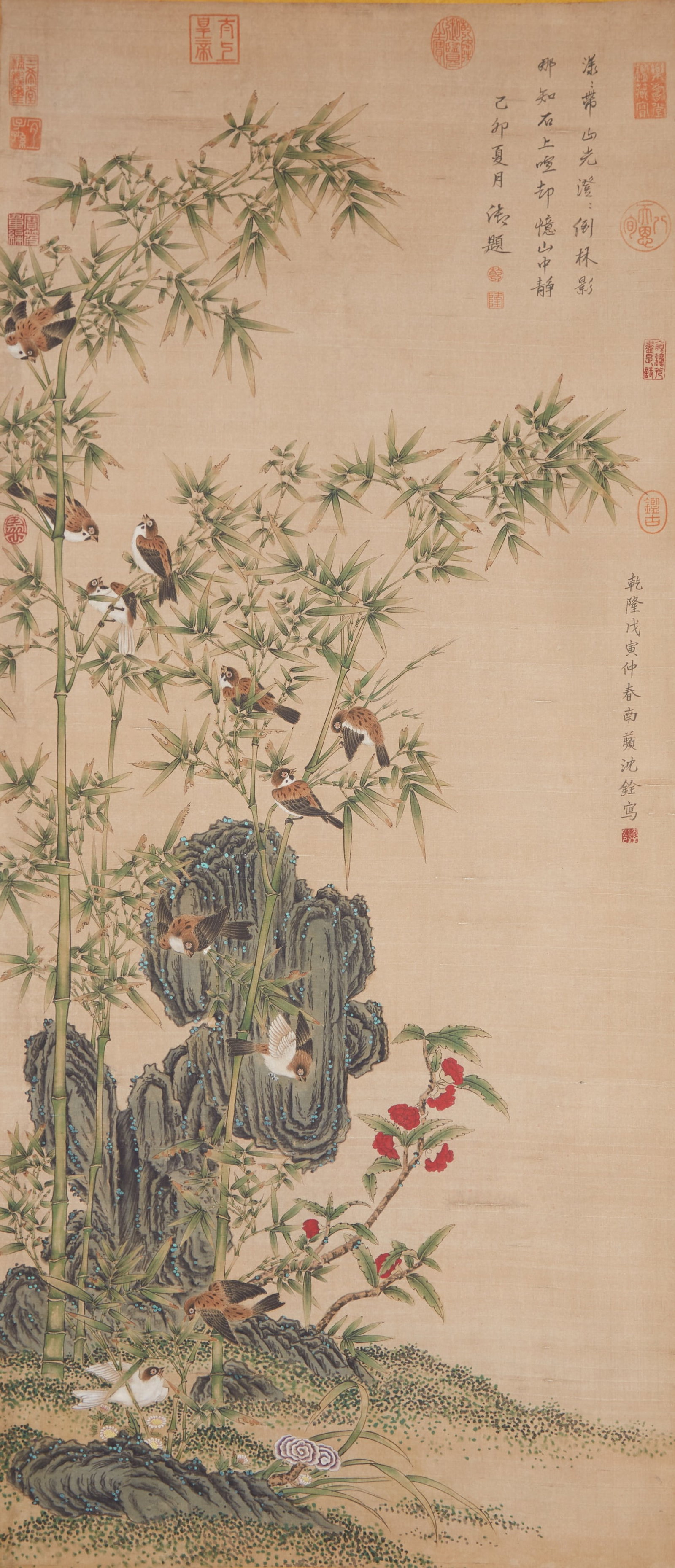 A BAMBOO, ROCK, AND FLOWER-AND-BIRD PAINTING ON SILK BY SHEN QUAN.沈銓: Bamboo, Rock, and Flower-and-Bird Painting on Silk by Shen Quan.沈銓