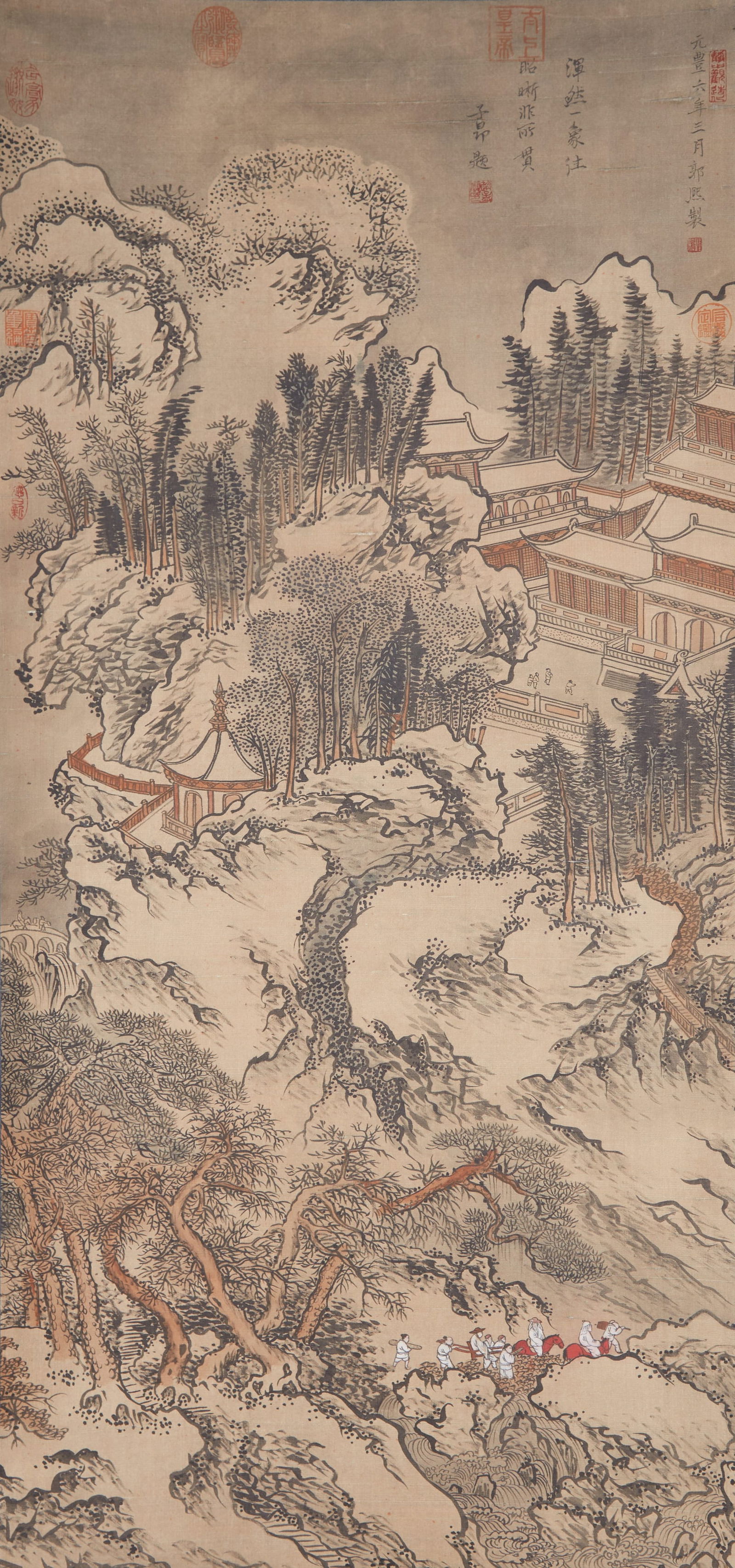 A LANDSCAPE AND FIGURES ON SILK BY GUO XI.郭熙: Landscape and Figures on Silk by Guo Xi.郭熙