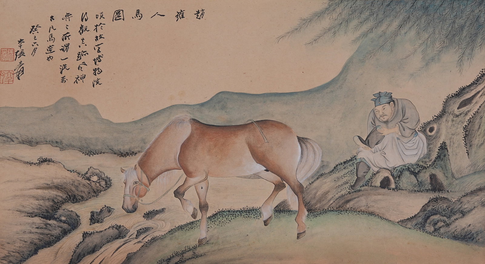 A FIGURES AND HORSES PAINTING ON PAPER, CIRCULAR FORMAT BY ZHANG DAQIAN.張大千: Figures and Horses Painting on Paper, Circular Format by Zhang Daqian.張大千