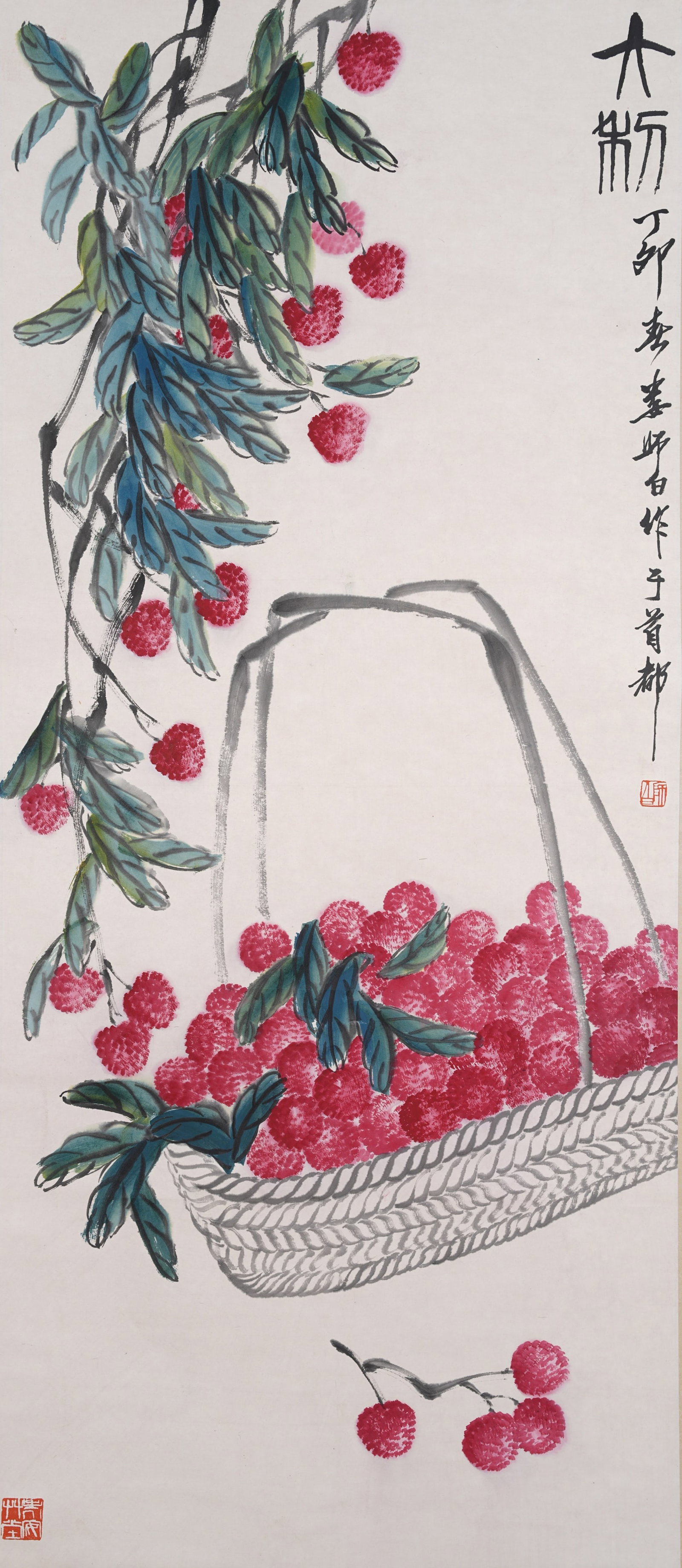 A MELON AND FRUIT PAINTING ON PAPER BY LOU SHIBAI.婁師白: Melon and Fruit Painting on Paper by Lou Shibai.婁師白