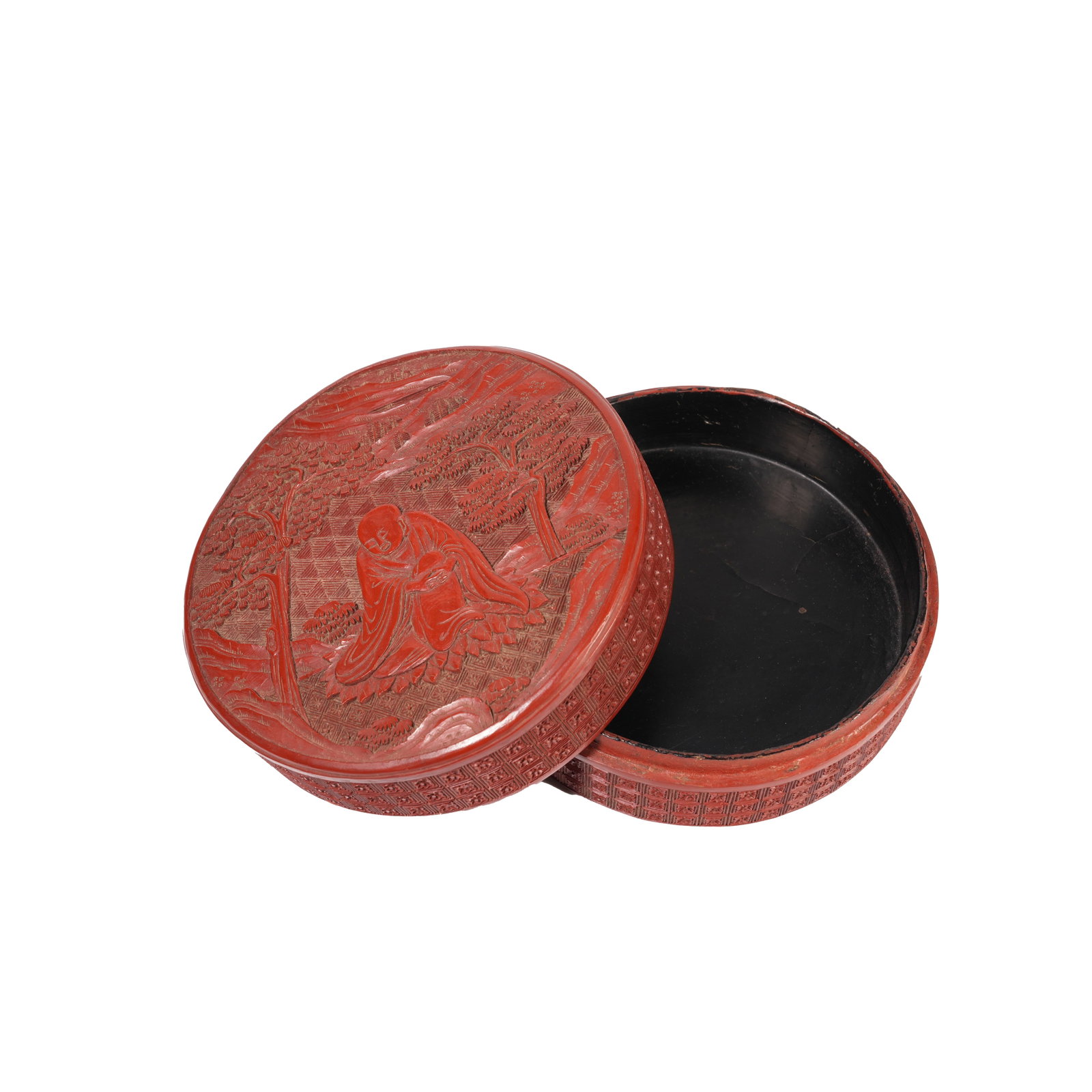 CARVED RED LACQUER ROUND COVER BOX WITH ARHAT DESIGN, QING DYNASTY (1 of 8)