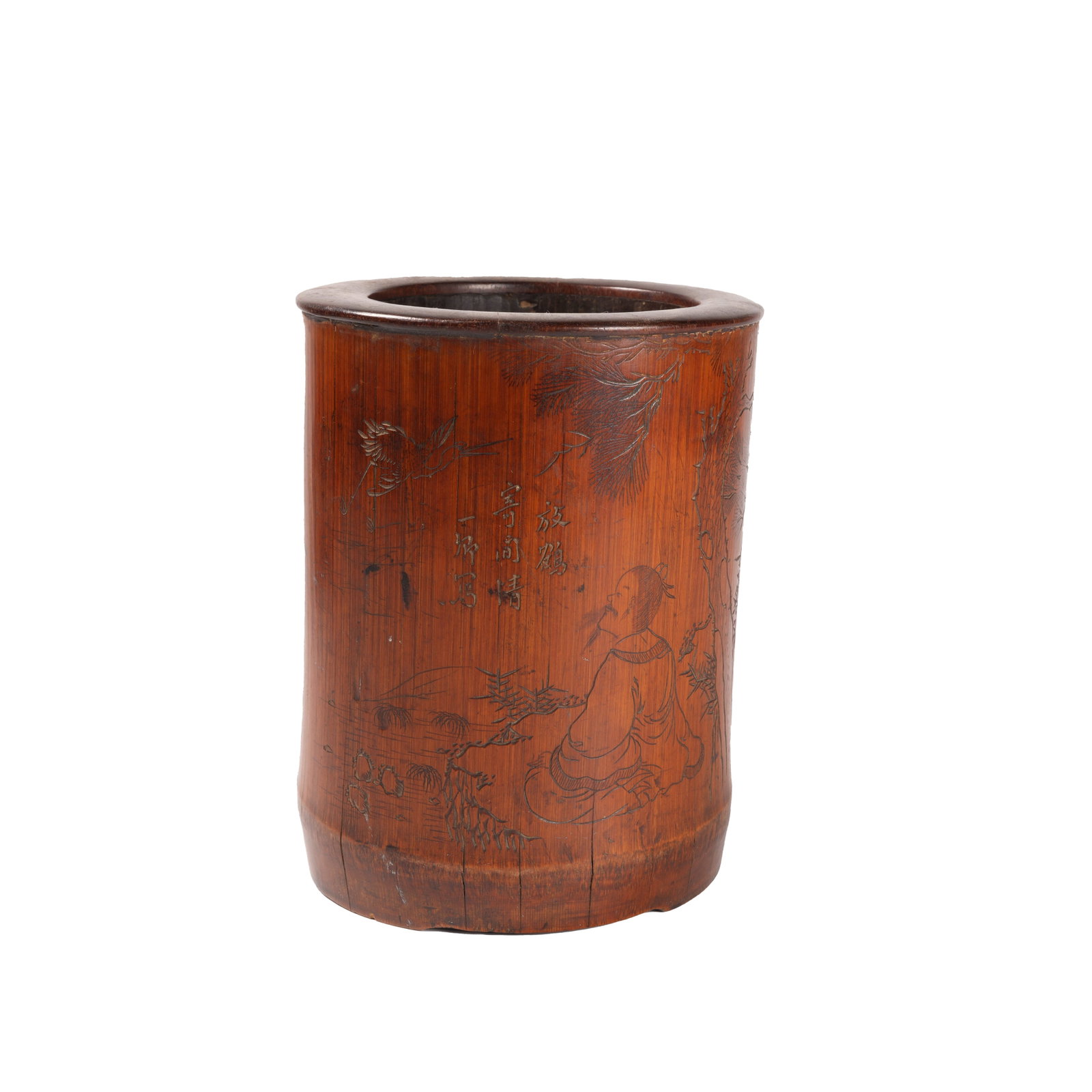 BAMBOO CARVED BRUSH POT WITH CRANE-RELEASING FIGURE DESIGN, QING DYNASTY: This brush pot is hollowed out from a whole piece of aged bamboo with neat regular shape. It boasts solid and fine bamboo texture. After hundreds of years of inheritance and appreciation, it forms war