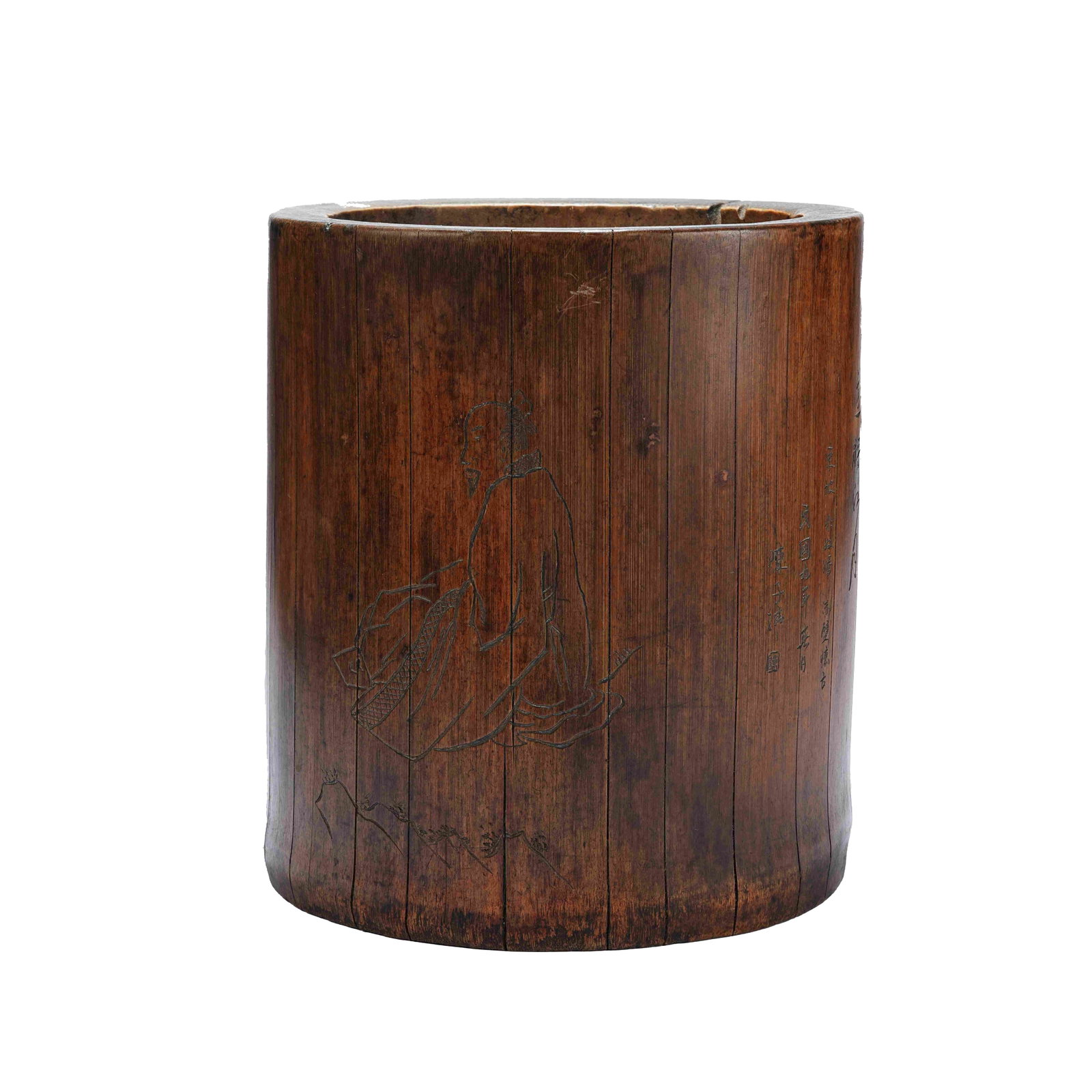 BAMBOO CARVED BRUSH POT WITH RED CLIFF OF DONGPO DESIGN BY CHEN ZIQING, NINTH YEAR OF THE REPUBLIC: Chen Ziqing (1895-1946), originally named Jin, courtesy name Ziqing, art names Junshi and Baizhai, was born in Suzhou, Jiangsu. He was a renowned painter, calligrapher and seal carver of the Republic 