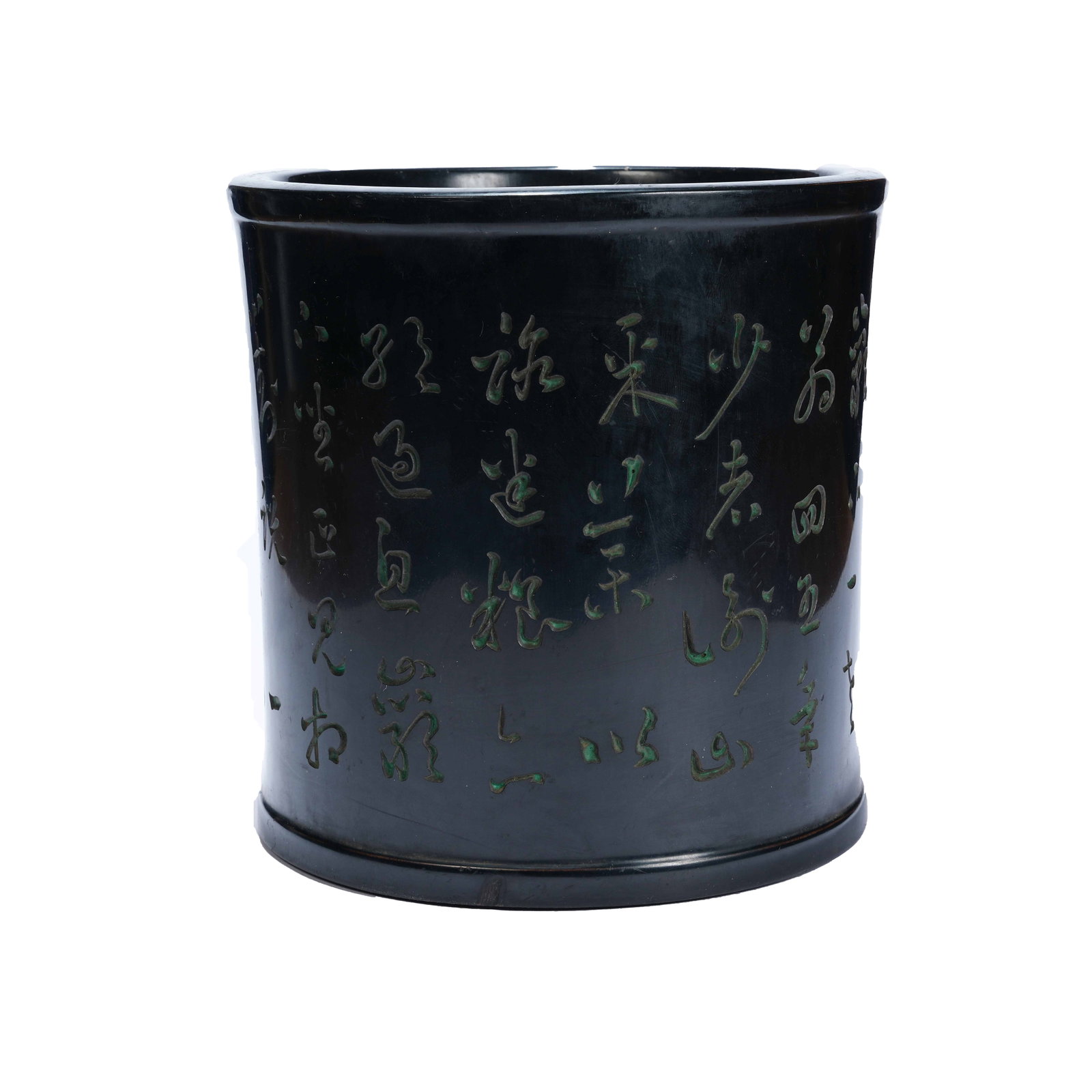 BLACK LACQUERED WOODEN BRUSH POT WITH POLYCHROME POEM INSCRIPTIONS, QING DYNASTY: This lot is a black lacquered wooden brush pot with intaglio carved poems filled with green pigment, a classic scholar's studio utensil of the Qing Dynasty. Built on a hardwood body and fully coated w