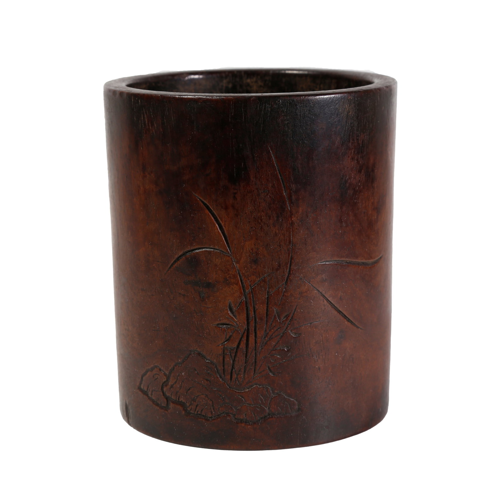 RED SANDALWOOD BRUSH POT CARVED WITH ORCHID AND ROCK DESIGN, QING DYNASTY (1 of 9)