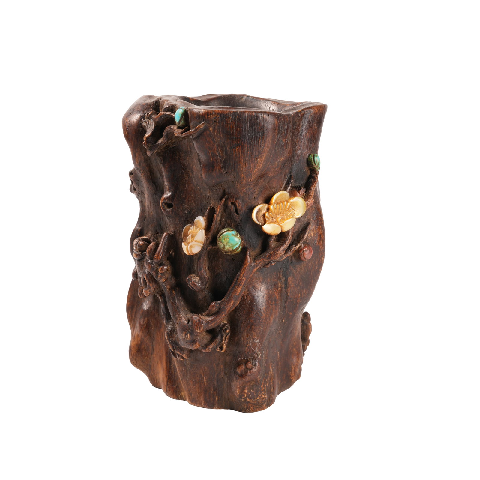 TREASURE-INLAID QINAN AGARWOOD PLUM-STUMP-SHAPED BRUSH POT, QING DYNASTY (1 of 10)