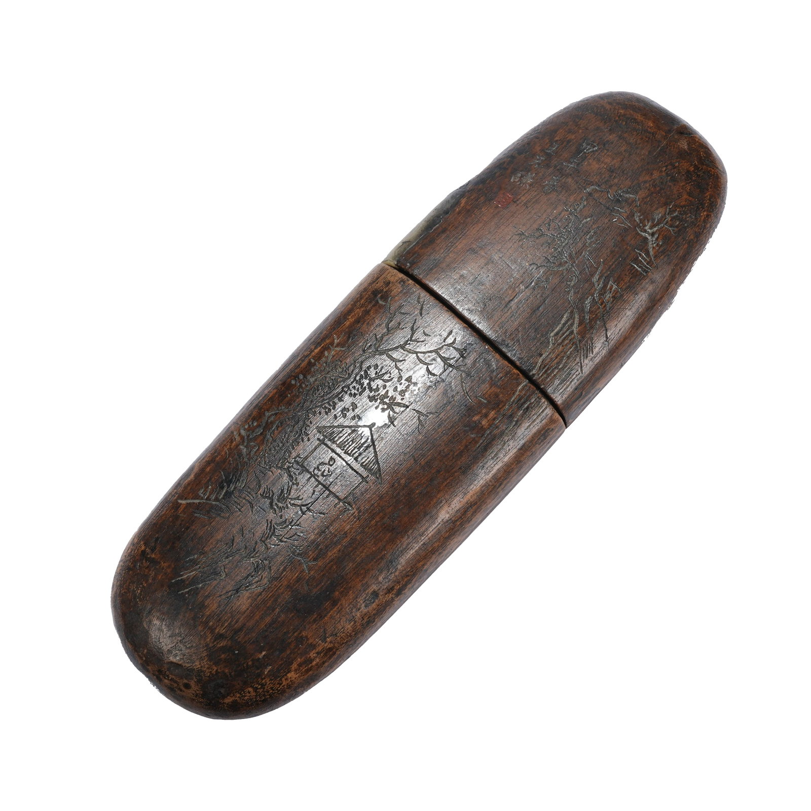 AGARWOOD SPECTACLE CASE SHALLOWLY CARVED WITH LANDSCAPE PATTERN, INSCRIBED WANG XIANQIAN, QING: Wang Xianqian (1842-1917), courtesy name Yiwu, art name Kuiyuan, was born in Changsha, Hunan. He was a distinguished classicist, historian, litterateur and book engraver in the late Qing Dynasty.