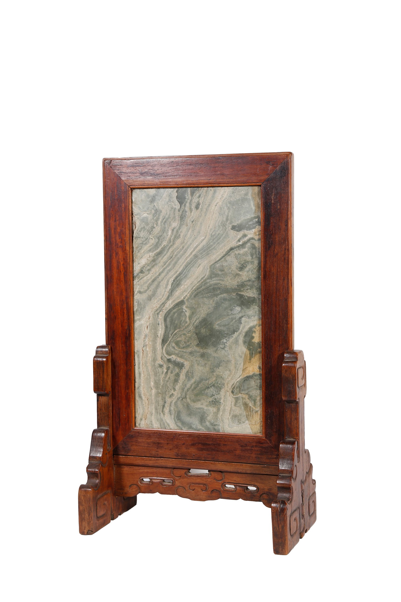 HUANGHUALI WOOD INLAID MARBLE LANDSCAPE SCREEN, QING DYNASTY: This is a Qing Dynasty yellow pear wood screen inlaid with landscape-patterned marble. The frame and base are made of yellow pear wood with solid fine texture, distinct natural grain and thick mild