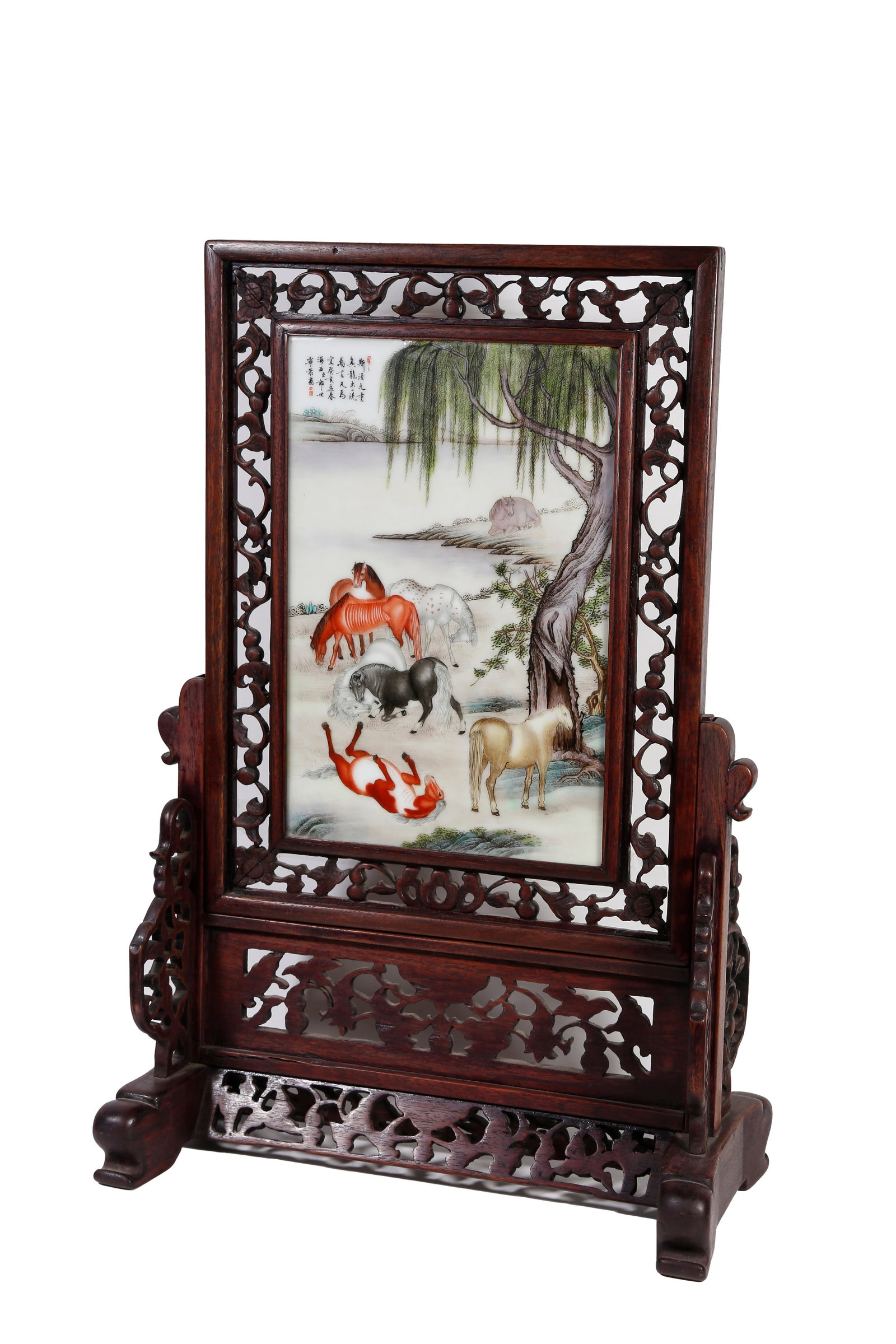 OPENWORK RED SANDALWOOD SCREEN INSCRIBED WITH LANG SHINING FAMILLE ROSE PORCELAIN PANEL OF EIGHT (1 of 9)