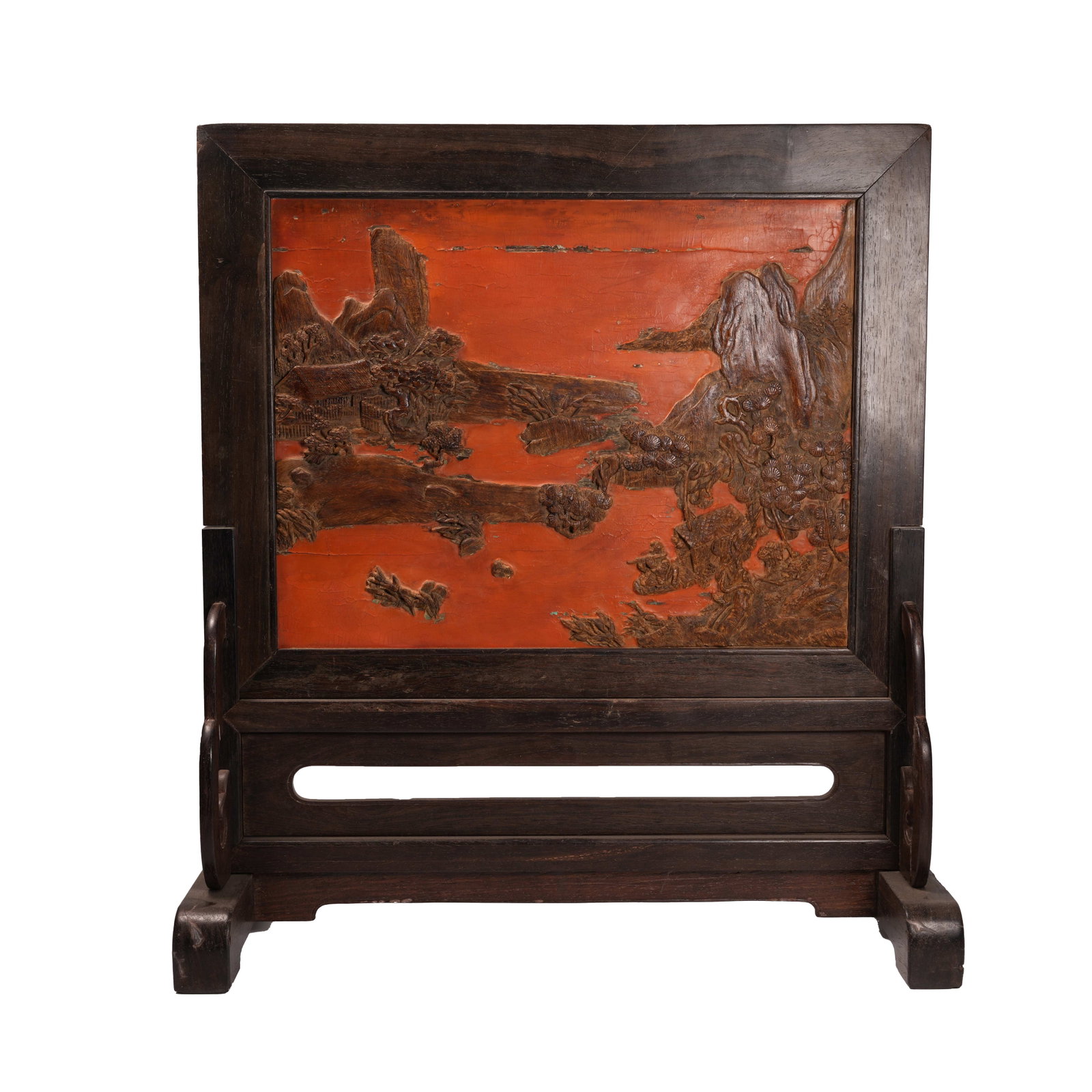 RED SANDALWOOD SCREEN INLAID WITH QINAN AGARWOOD LANDSCAPE PATTERN, QING DYNASTY: This screen has its frame and base crafted from red sandalwood, with its central panel inlaid with a full landscape carving of kyara agarwood. The red sandalwood boasts firm and fine texture, solemn a