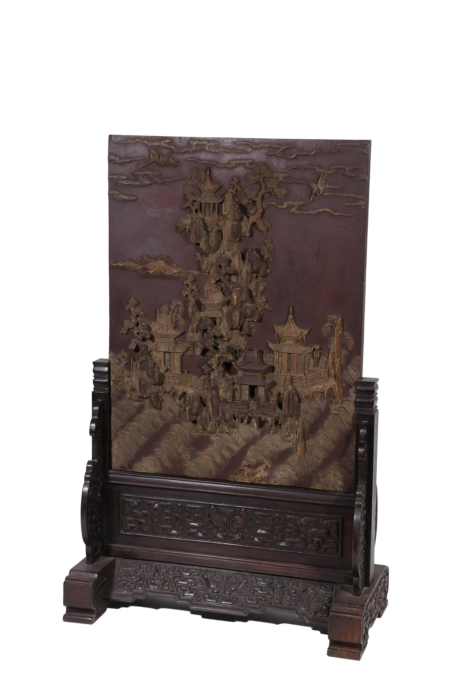 QIYANG STONE SCREEN CARVED WITH LONGEVITY BLESSING DESIGN, QING DYNASTY: This screen is a distinguished furnishing treasure for scholar's studios in the Qing Dynasty. Its central panel is made of Qiyang stone carved with the classic auspicious pattern of adding longevity t