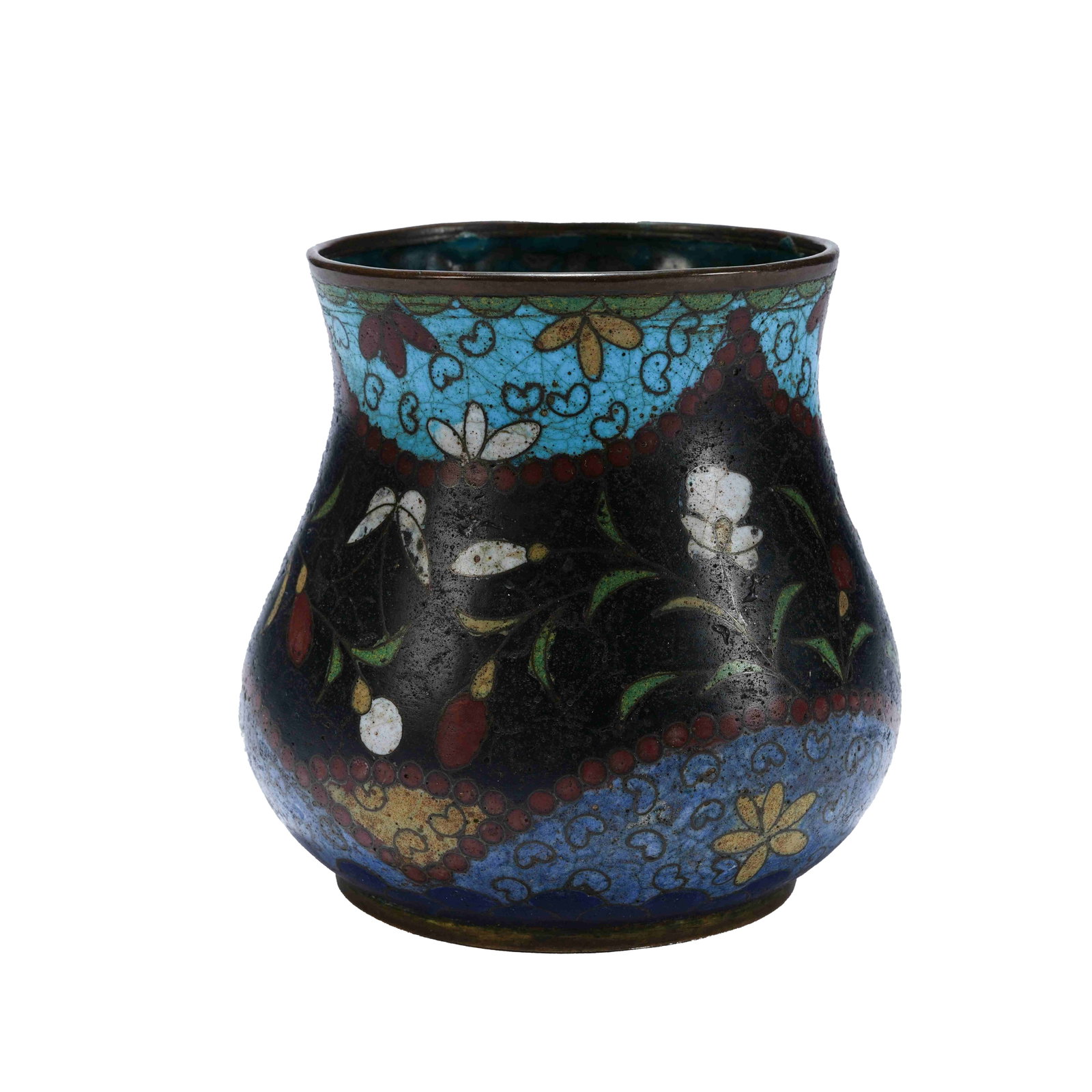 CLOISONNÉ ENAMEL FLOWER PATTERN WASTE VESSEL, QING DYNASTY: This piece is built on a bronze body and fully adorned with cloisonné enamel craft. Designed in the typical form of Qing Dynasty waste receptacle, it features flared rim, slender neck, bulging belly