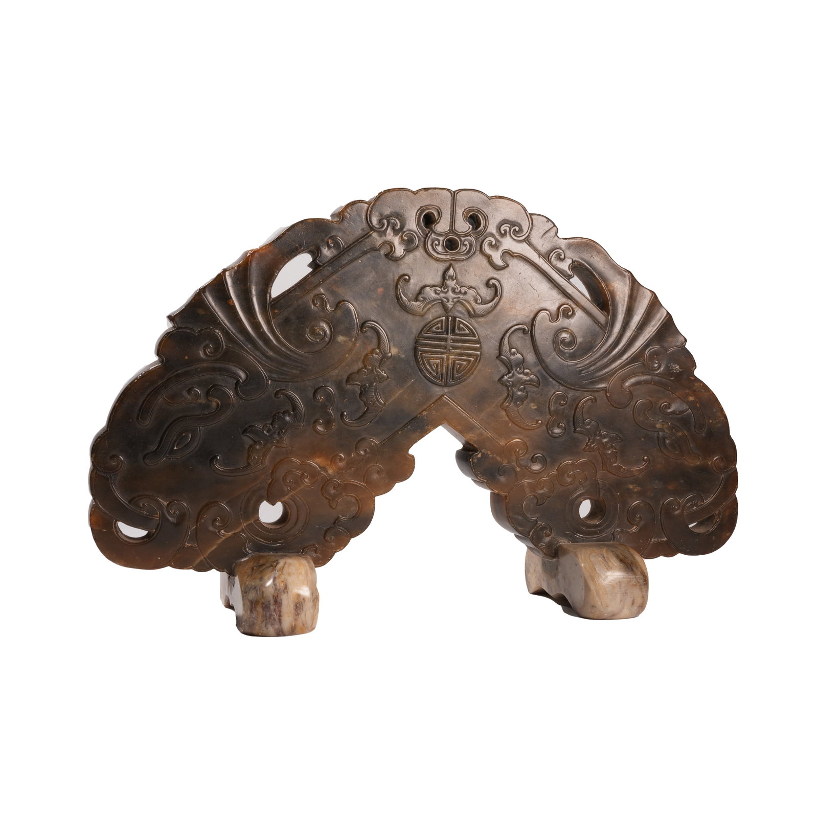 XIUYAN JADE CHIME CARVED WITH FIVE BLESSINGS EMBRACING LONGEVITY PATTERN, QING DYNASTY: Crafted from Xiuyan jade, this fan-shaped ornament features neat and dignified contours. The jade material is warm and translucent with profound antique tone and mellow natural patina marked with