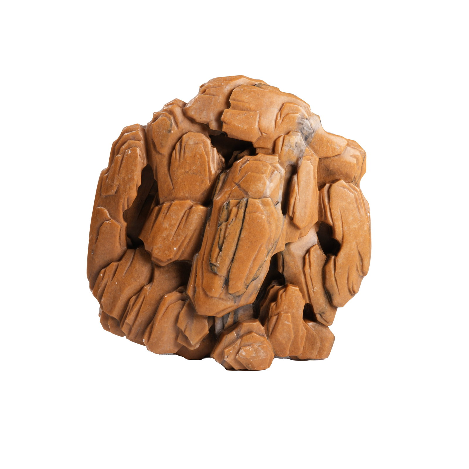 TAIHU STONE-IMITATION SHOUSHAN STONE MOUNTAIN ORNAMENT, QING DYNASTY: This ornament is carved from Shoushan stone with mild texture, warm yellowish-brown tone and delicate natural veins. Adopting full-round carving and openwork techniques, it imitates the slender,