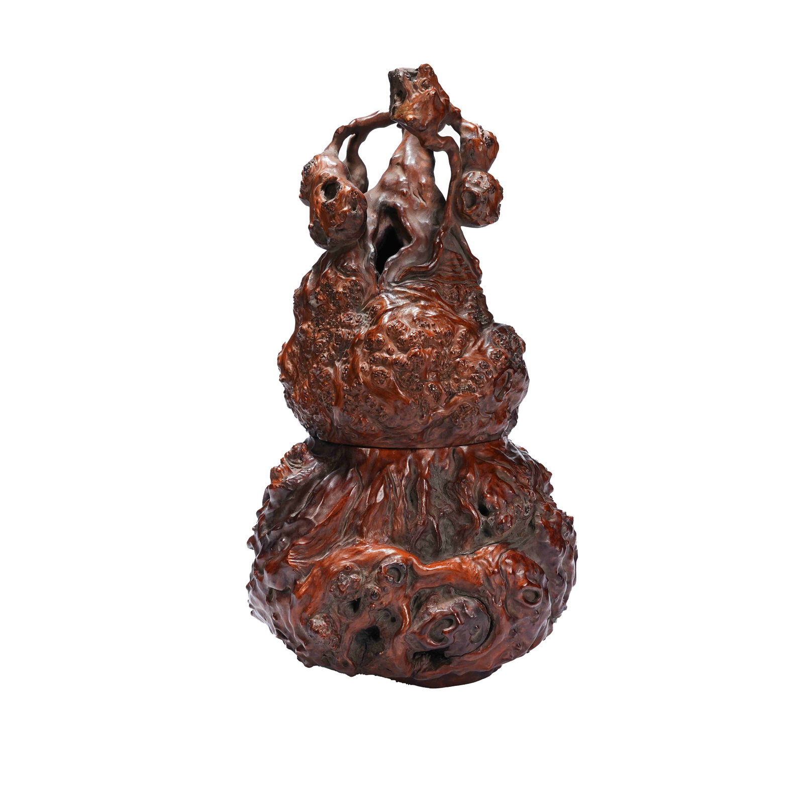 BURL WOOD GOURD-SHAPED INCENSE BURNER, QING DYNASTY: This auction item is a gourd-shaped incense burner naturally carved from burl wood, a traditional elegant scholar's studio ornament. It consists of upper and lower parts. Carved into a gourd form