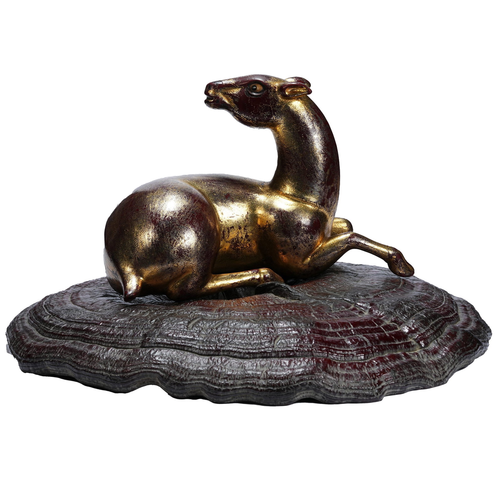 GILT LACQUERED WOODEN ORNAMENT WITH LYING DEER AND GANODERMA LUCIDUM BASE, QING DYNASTY (1 of 9)