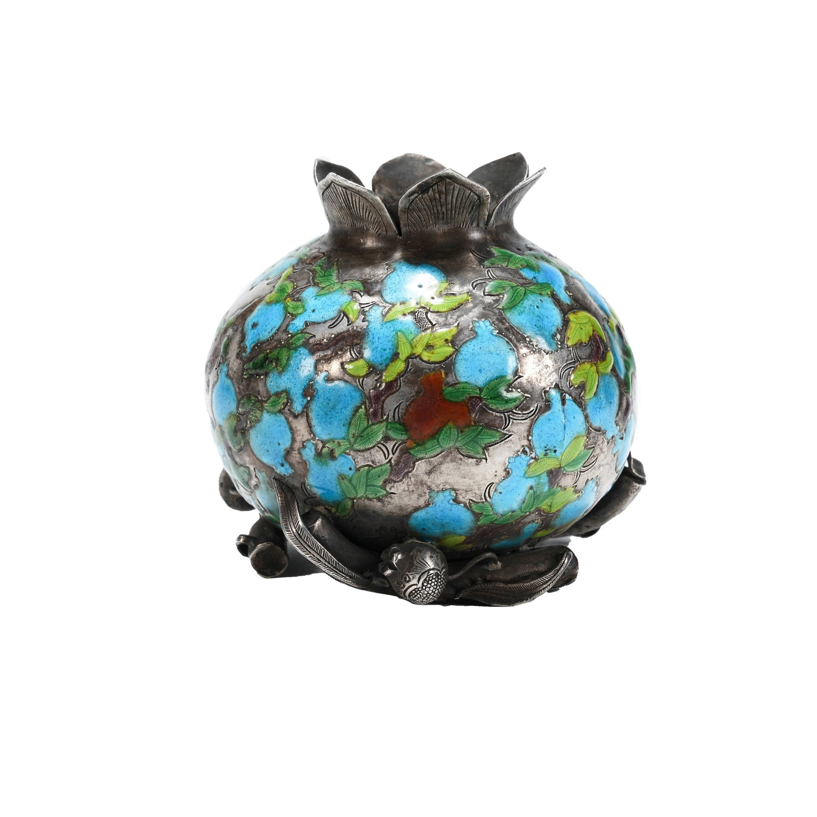 SILVER ENAMEL POMEGRANATE-SHAPED WATER DROPPER, QING DYNASTY: Qing Dynasty silver-based enamel study ornament is crafted in bionic pomegranate shape, symbolizing numerous descendants and abundant blessings. With silver as the base, it is fully decorated with ena