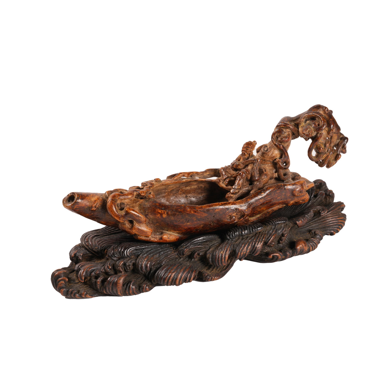 SPLICED QINAN AGARWOOD ORNAMENT CARVED WITH IMMORTAL RIDING RAFT, QING DYNASTY (1 of 8)