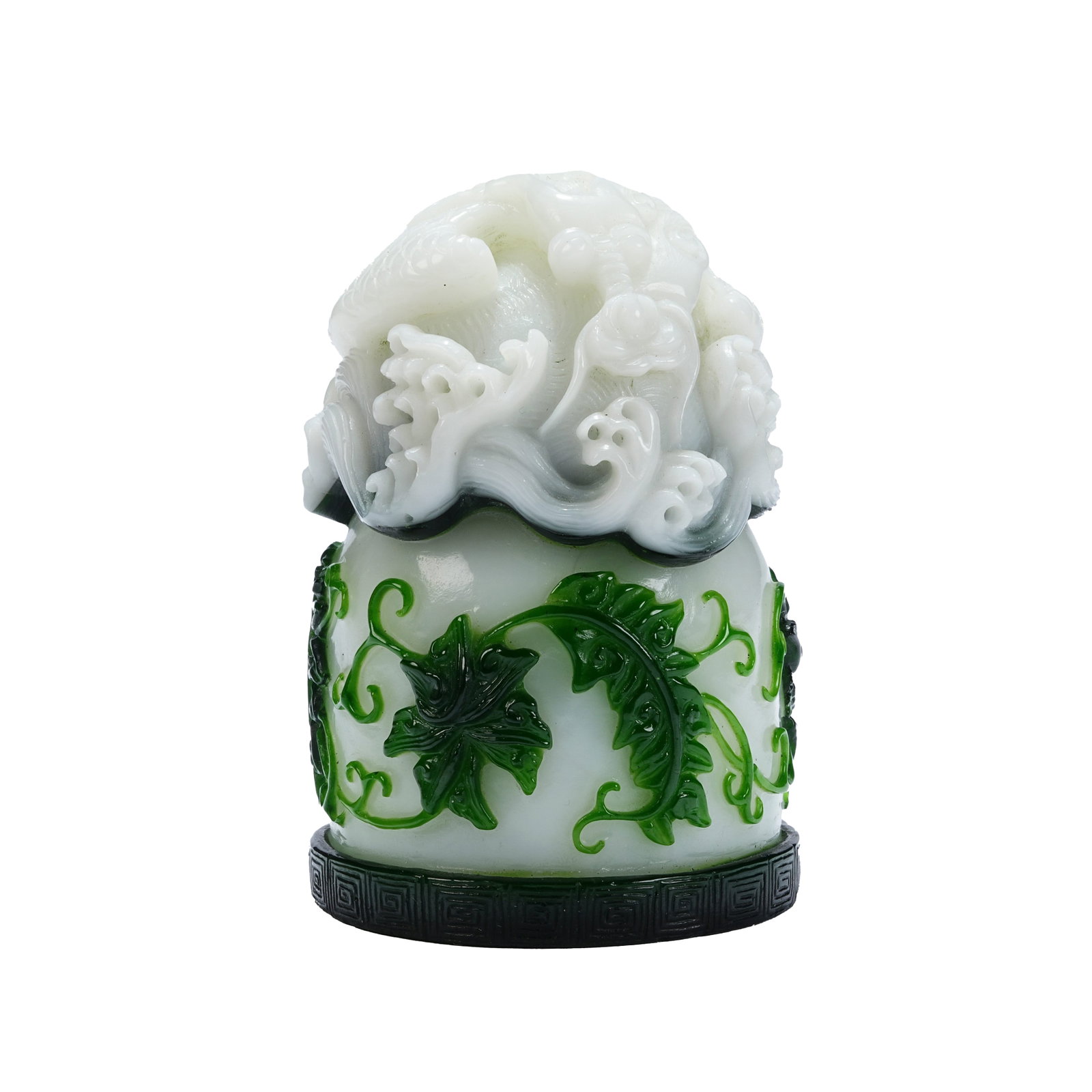 OVERLAY GLASS SEAL WITH DRAGON-TRANSMUTING-FISH KNOB AND INTERLOCKING LOTUS PATTERN, QING DYNASTY (1 of 8)