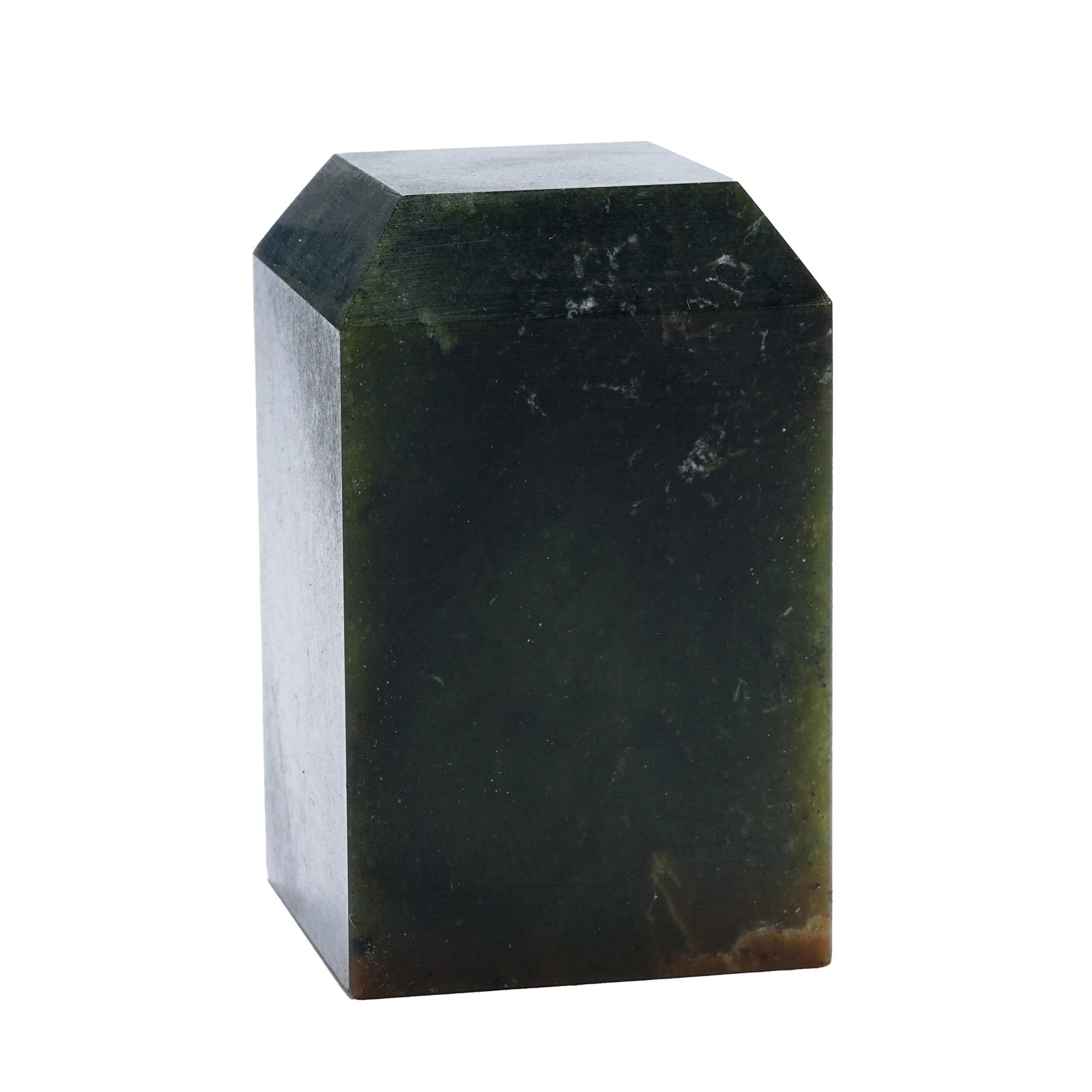 HETIAN JASPER SEAL STONE, QING DYNASTY: This is a plain jasper seal material of the Qing Dynasty. Carved from fine jasper, it features solemn dark tone and compact tough texture. Designed in regular square pillar shape with flat top and squ