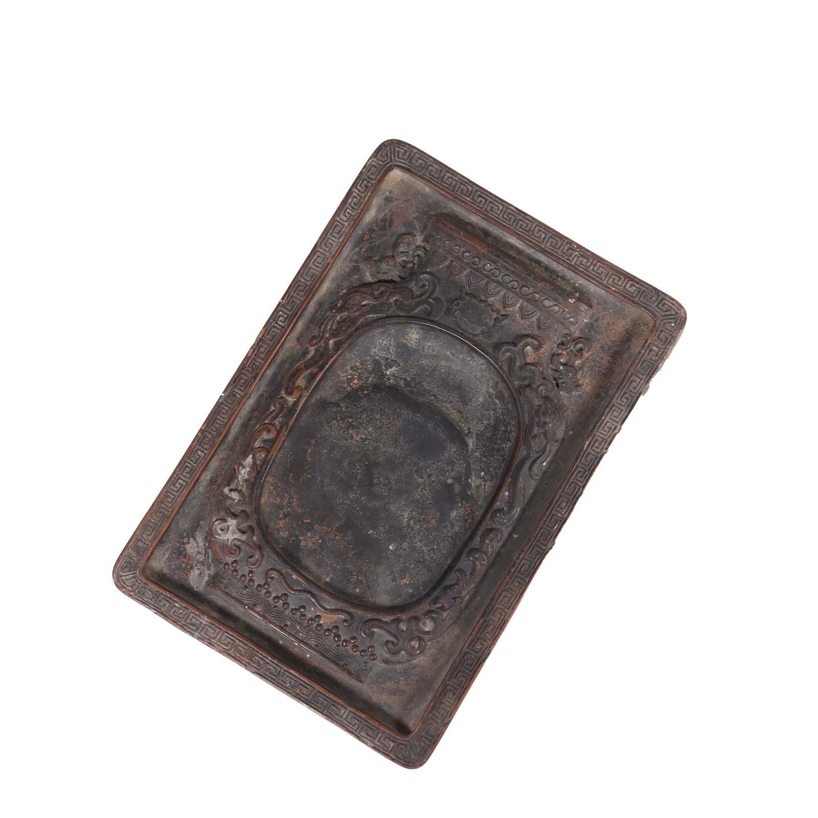 CHENGNI INKSTONE WITH DOUBLE DRAGONS PLAYING PEARL AND MEANDER PATTERN, QING DYNASTY: This ink slab is fired from refined silt clay in standard rectangular shape with neat form and neat smooth lines. Made of fine and solid silt clay in elegant eel yellow tone, it becomes firm and compa