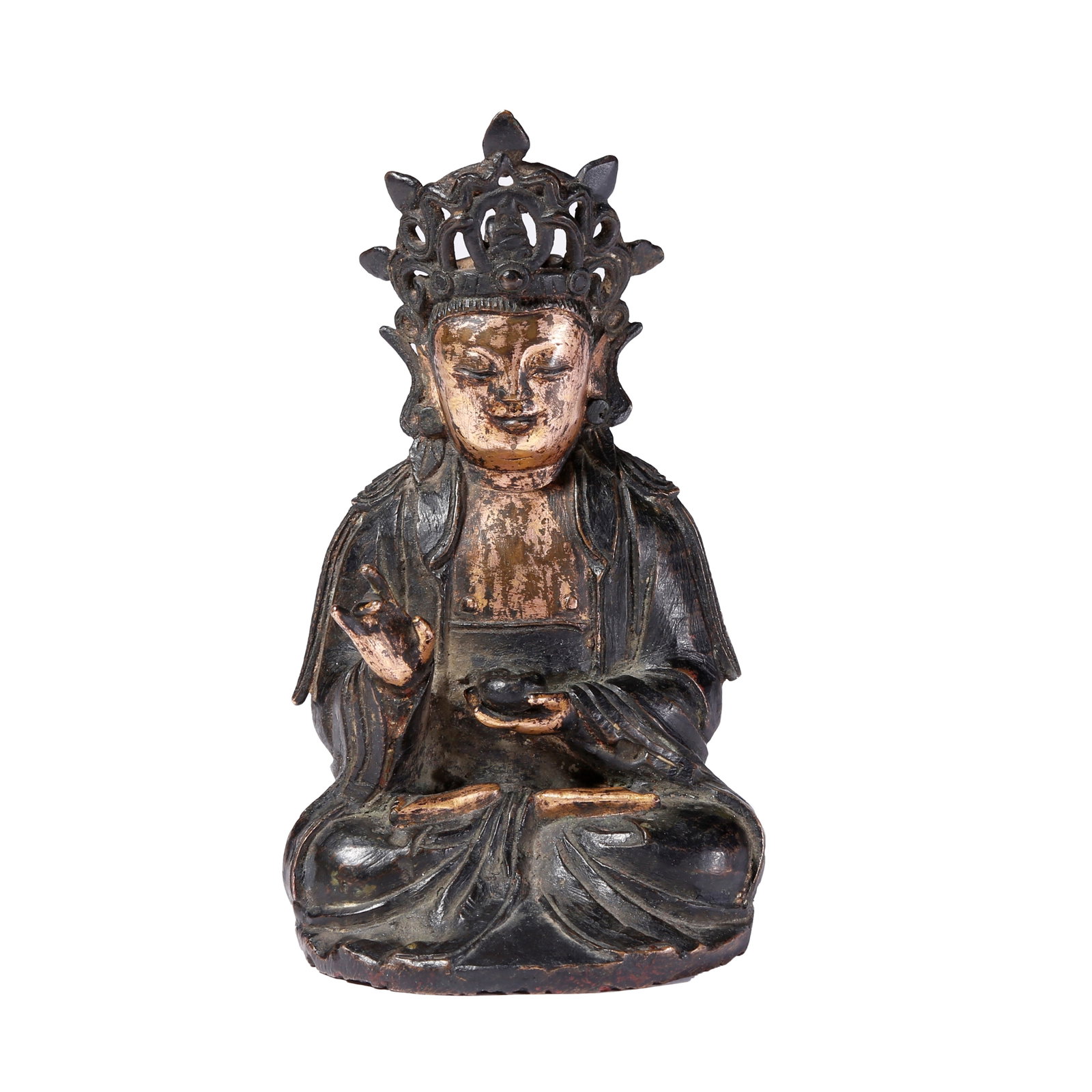 GILT LACQUERED BRONZE GUANYIN BODHISATTVA STATUE, QING DYNASTY: This gilt-lacquered bronze Guanyin statue sits in full lotus position. Adorned with a precious crown inlaid with miniature Buddha, it has a full round face conveying serene and compassionate demeanor.