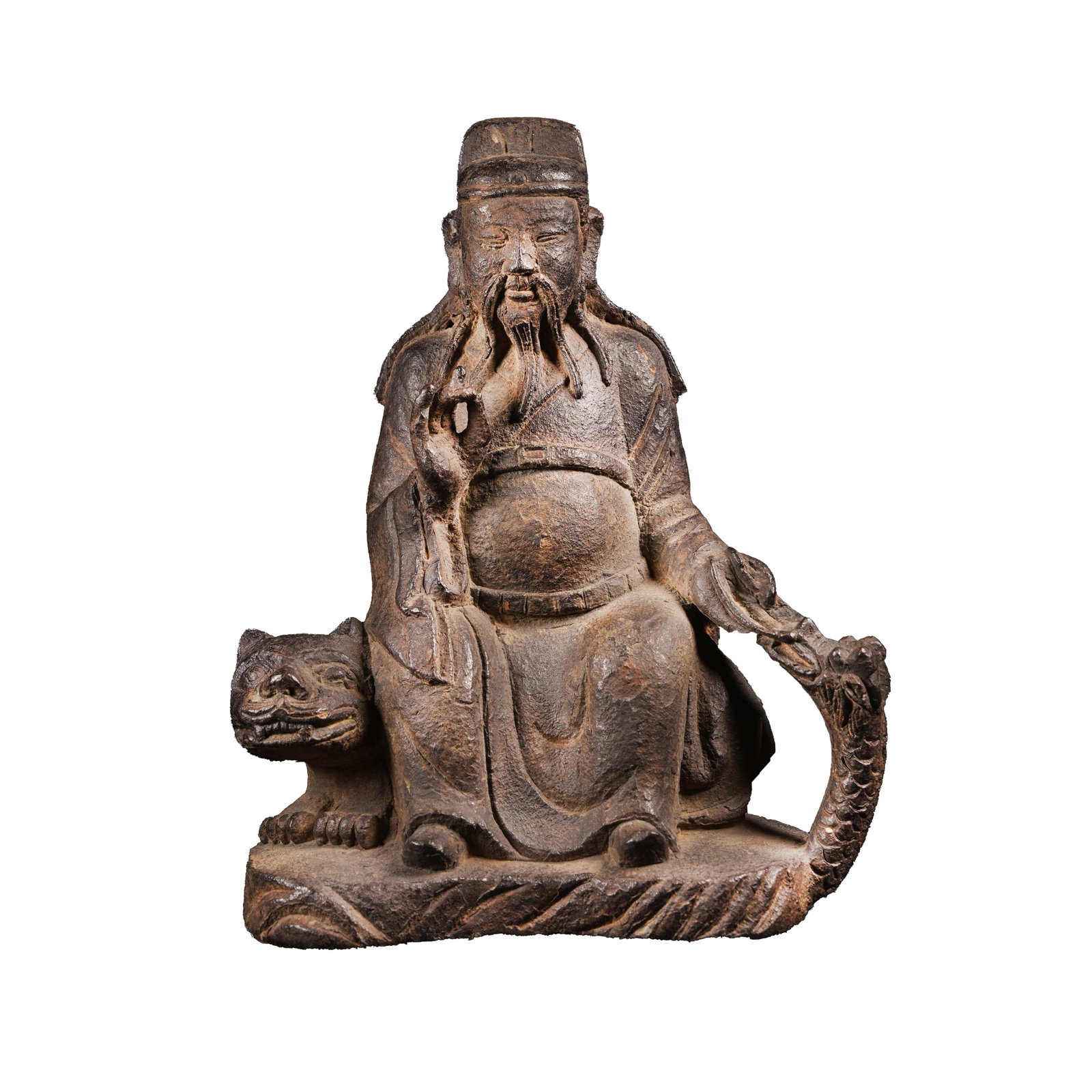 STATUE OF SUN SIMIAO THE DIVINE PHYSICIAN RIDING TIGER AND HEALING DRAGON, QING DYNASTY: This statue is a Qing Dynasty bronze-cast figure of Sun Simiao, the Divine Physician, in standard seated posture. Wearing a scholar headscarf, it presents a solemn dignified face with long flowing bea