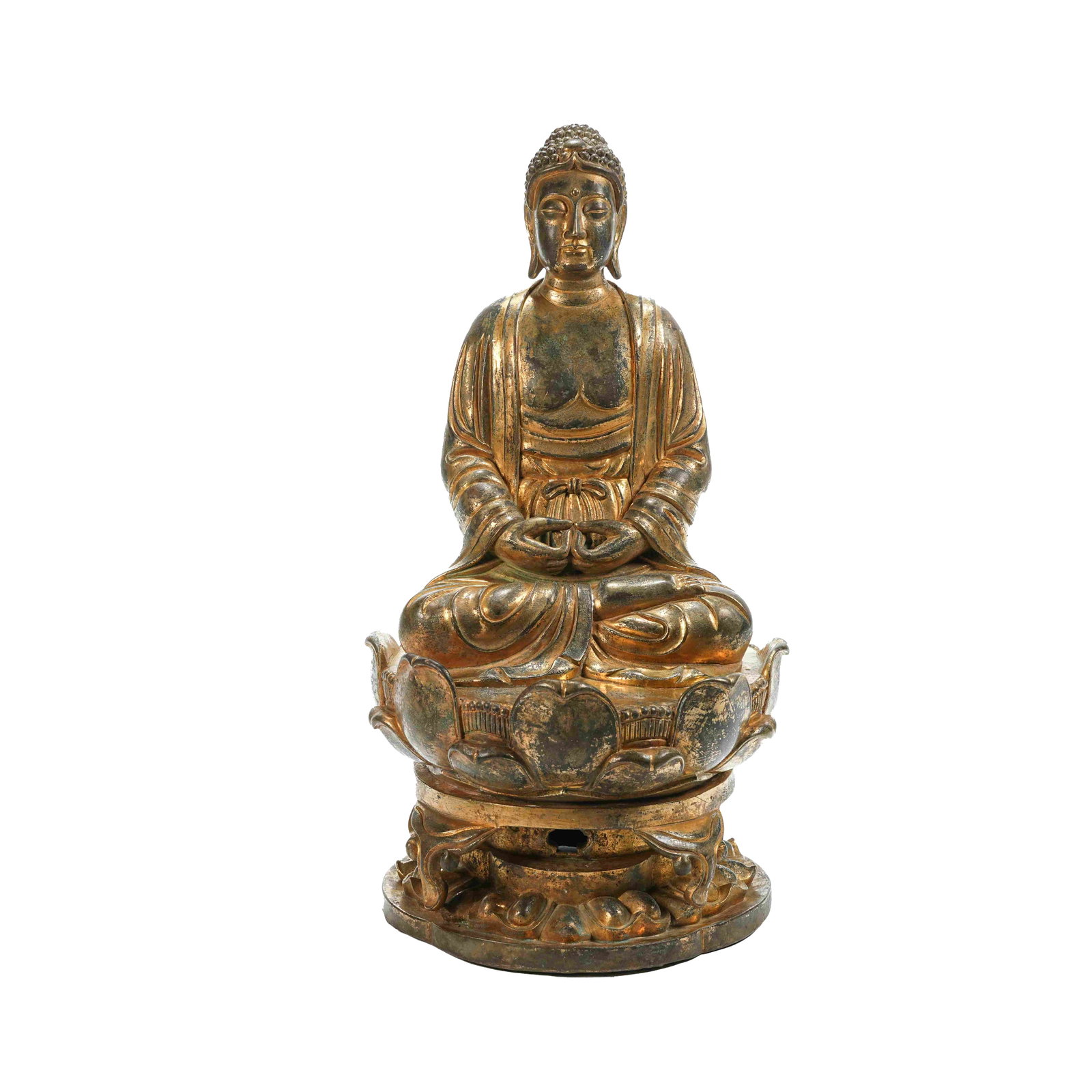 GILT BRONZE HAN-STYLE SEATED SAKYAMUNI BUDDHA STATUE, MING DYNASTY: Gilt-bronze statue of Amitabha Buddha of the Ming Dynasty is elaborately cast in fine bronze and fully gilded with restrained gentle luster and mild natural patina. The Buddha features a round benevol