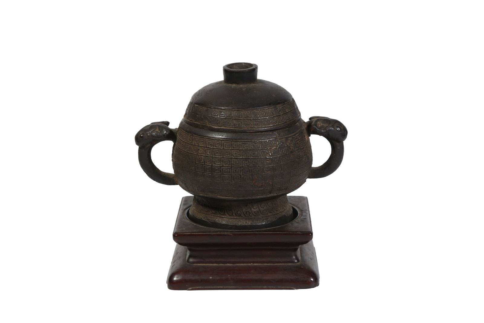 BRONZE GUI-STYLE CENSER WITH MEANDER PATTERN AND BEAST EARS WITH COVER, QING DYNASTY (1 of 9)