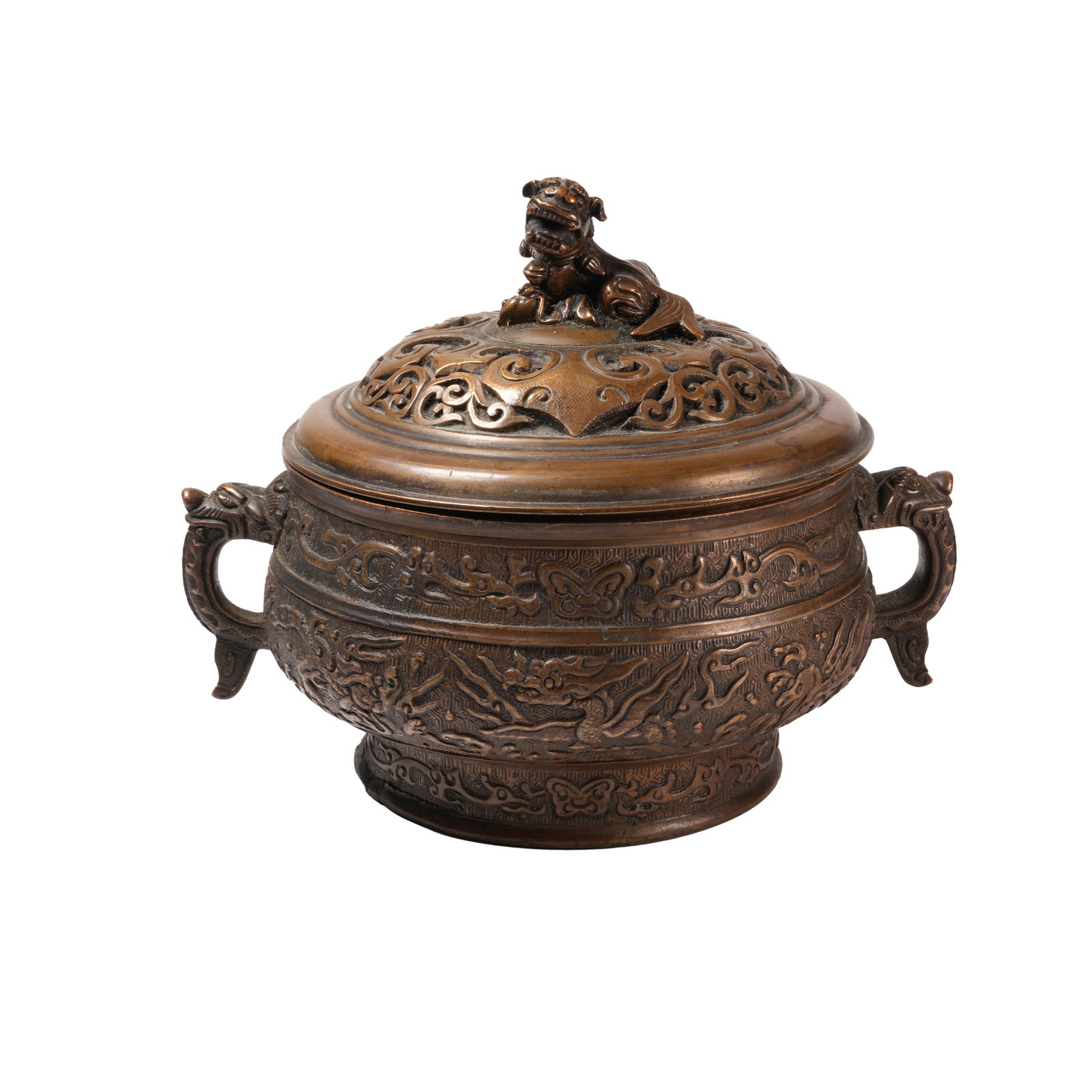 BRONZE DOUBLE-EARED INCENSE BURNER WITH LION KNOB AND DOUBLE DRAGON PATTERNS, QING DYNASTY (1 of 9)