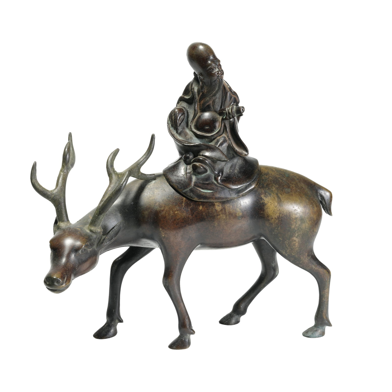 BRONZE STATUE OF GOD OF LONGEVITY RIDING DEER, QING DYNASTY (1 of 10)