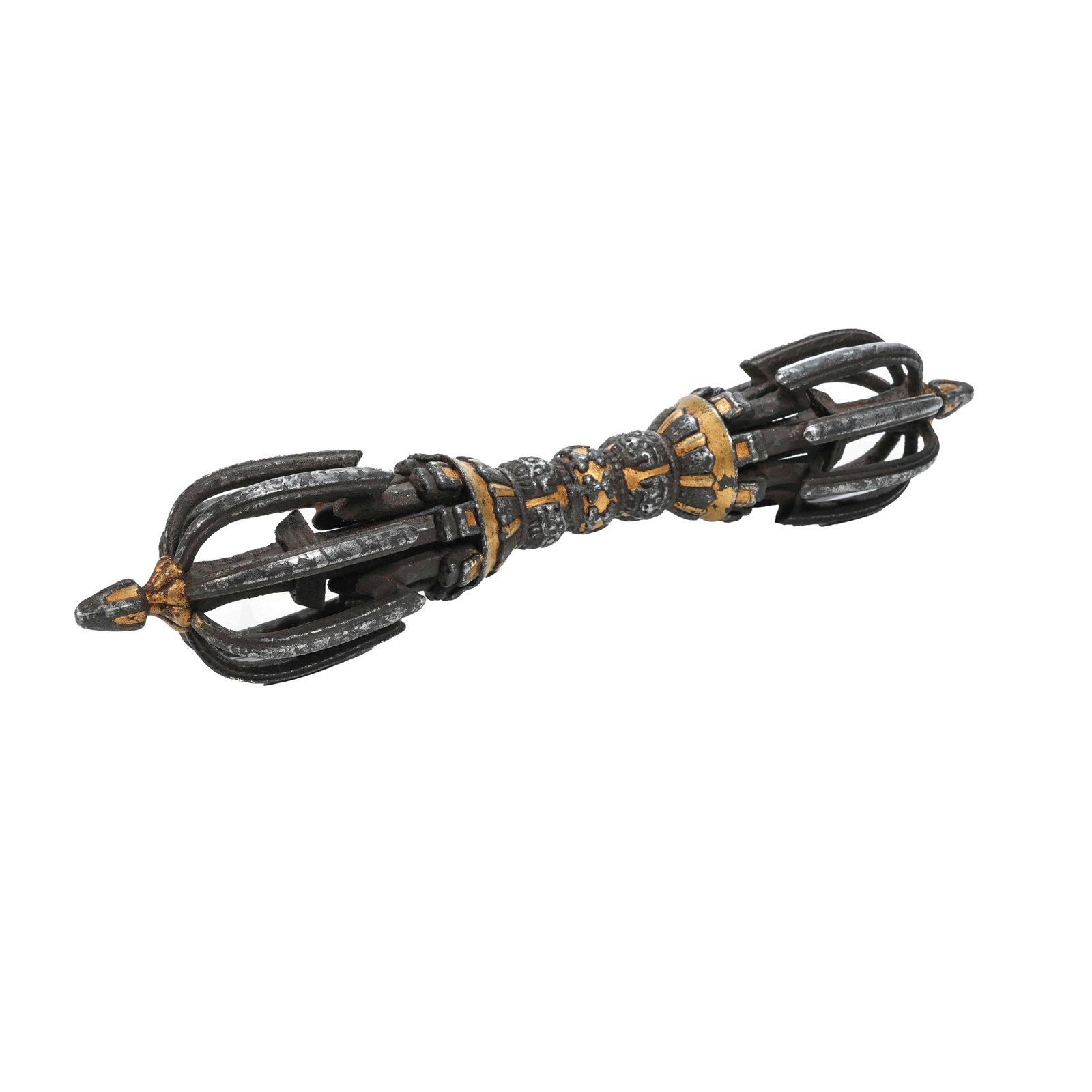 IRON GILT NINE-PRONGED VAJRA PESTLE, QING DYNASTY: A top-grade ritual implement of Tibetan Buddhism, it is cast from refined iron and fully decorated with gold inlay craft, featuring restrained elegant luster and ancient aged patina. The middle part o
