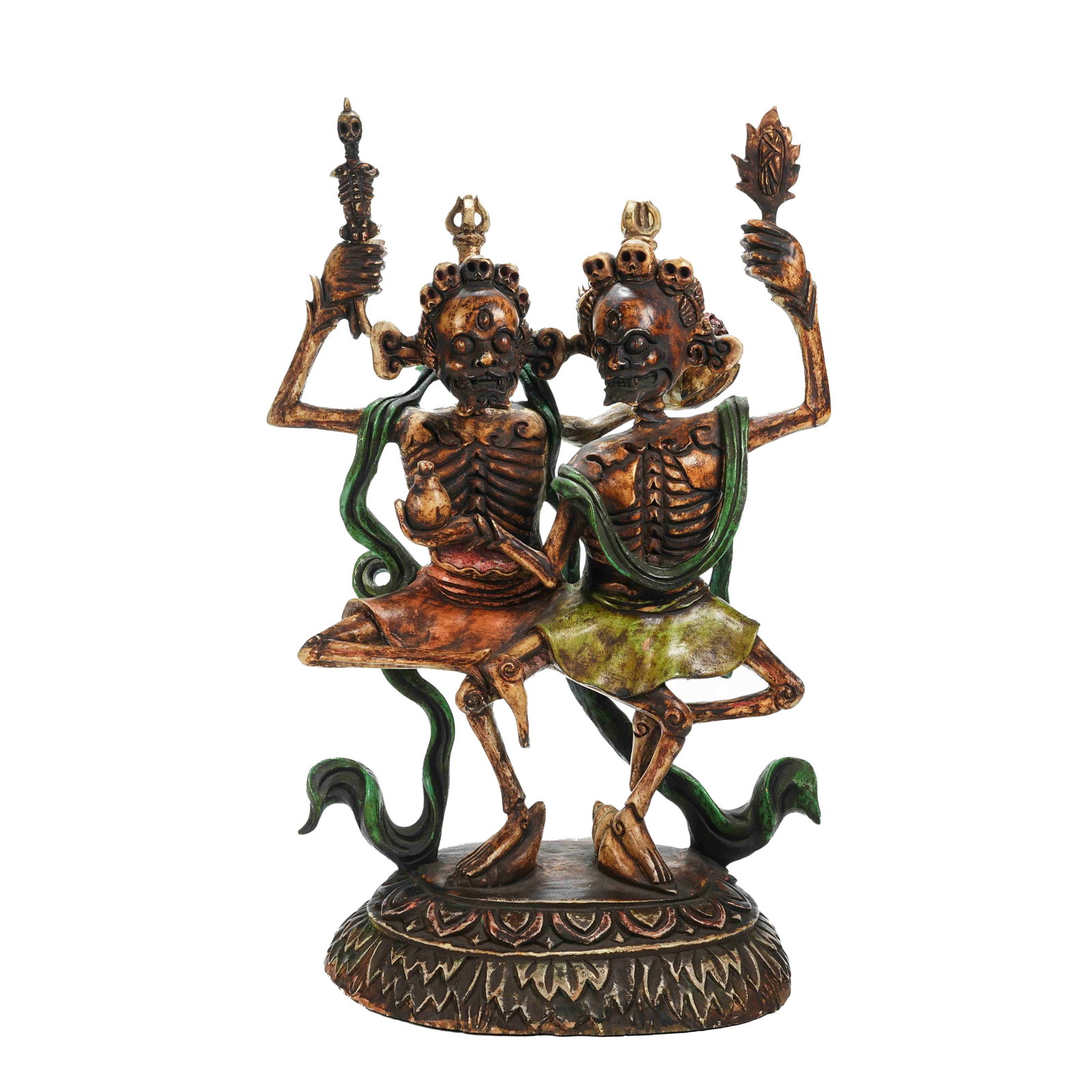 PAINTED WOODEN STATUE OF TWO LORDS OF SHITAVANA, QING DYNASTY: A highly representative paired statues of Citipati in Tibetan Buddhism, wholly carved from solid wood and painted with mineral pigments, featuring mild patina and primitive antique colors. Presented i