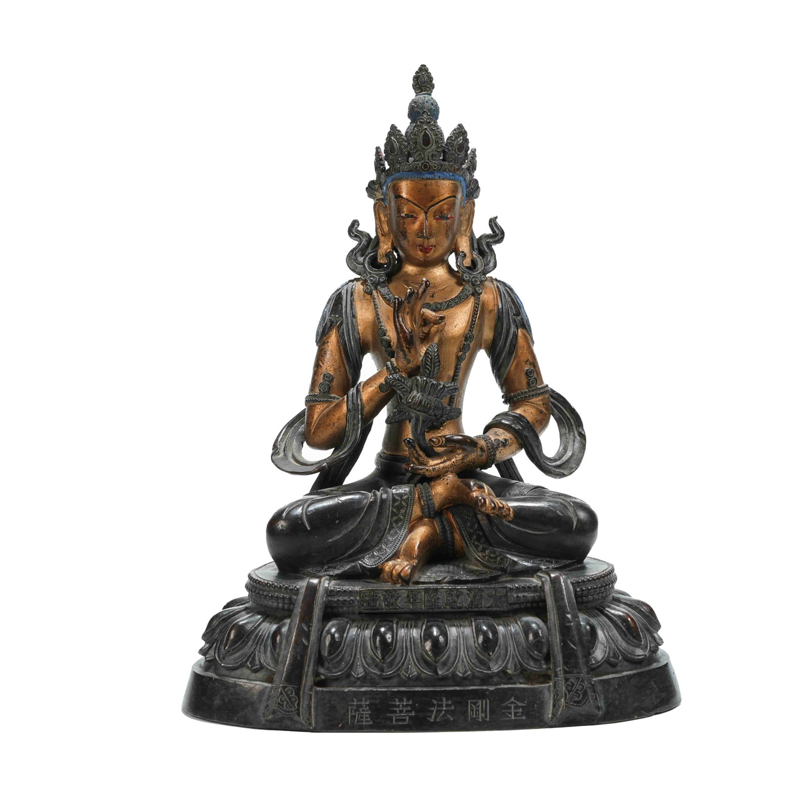 GILT LACQUERED BRONZE STATUE OF VAJRADHARMA BODHISATTVA FROM SIX-RANK BUDDHA PAVILION, QIANLONG: A statue in the style of the Six-Rank Buddha Pavilion cast by the Imperial Workshop during the Qianlong reign of the Qing Dynasty, with Vajradharma Bodhisattva as the main deity. It is cast from refin