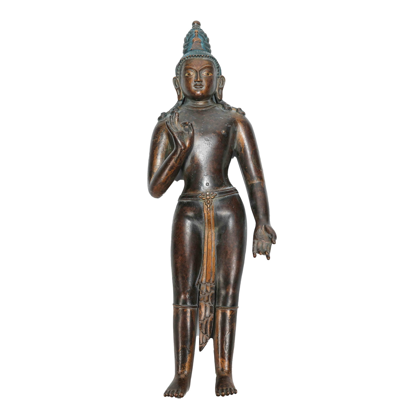 TIBETAN-STYLE ALLOY BRONZE STANDING GUANYIN STATUE, 11TH-12TH CENTURY: Classic Standing Statue of Avalokiteshvara of Tibetan Buddhism, crafted in Tibetan stylistic tradition dating back to the 11th to 12th centuries. The main deity stands in standard posture with straigh