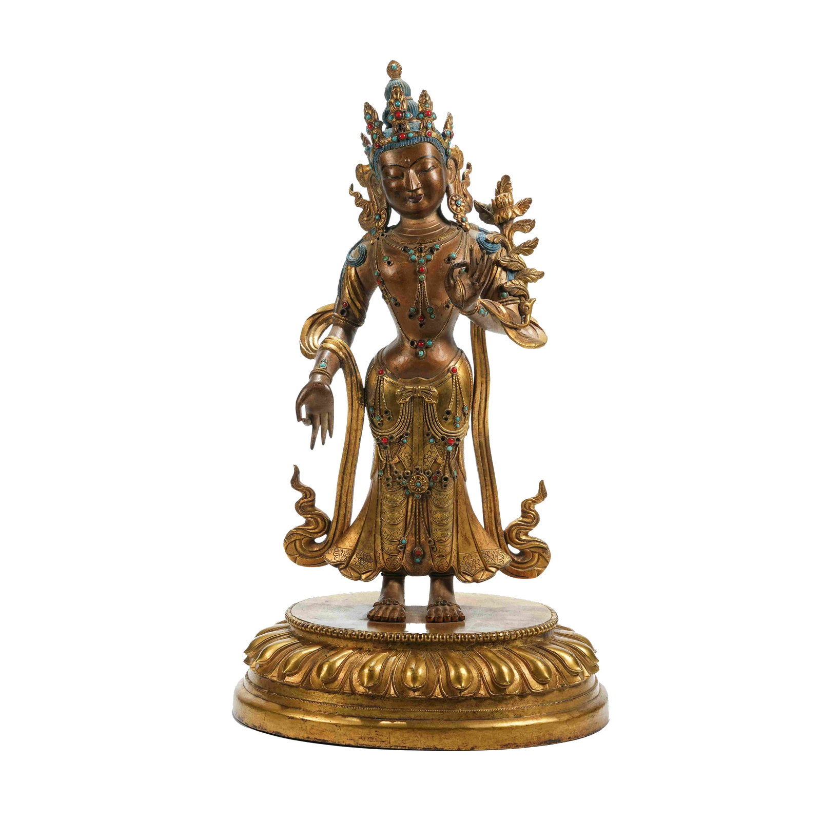 GILT BRONZE GEM-INLAID STANDING WHITE TARA STATUE, QING DYNASTY: Qing-dynasty gilt-bronze gem-inlaid Tara statue is mainly cast in fine bronze with partial gilding, featuring restrained sacred radiance and mild aged patina. Standing gracefully, the Tara wears a pre