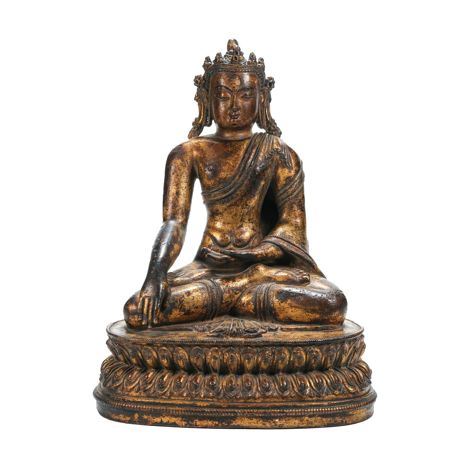 TIBETAN GILT BRONZE CROWNED ENLIGHTENMENT SAKYAMUNI BUDDHA STATUE, 16TH-17TH CENTURY: Classic Tibetan Buddhist statue in 16th to 17th century Tibetan style. Cast from fine bronze and fully gilded, it features mellow antique patina and steady restrained gilt texture. The deity forms the