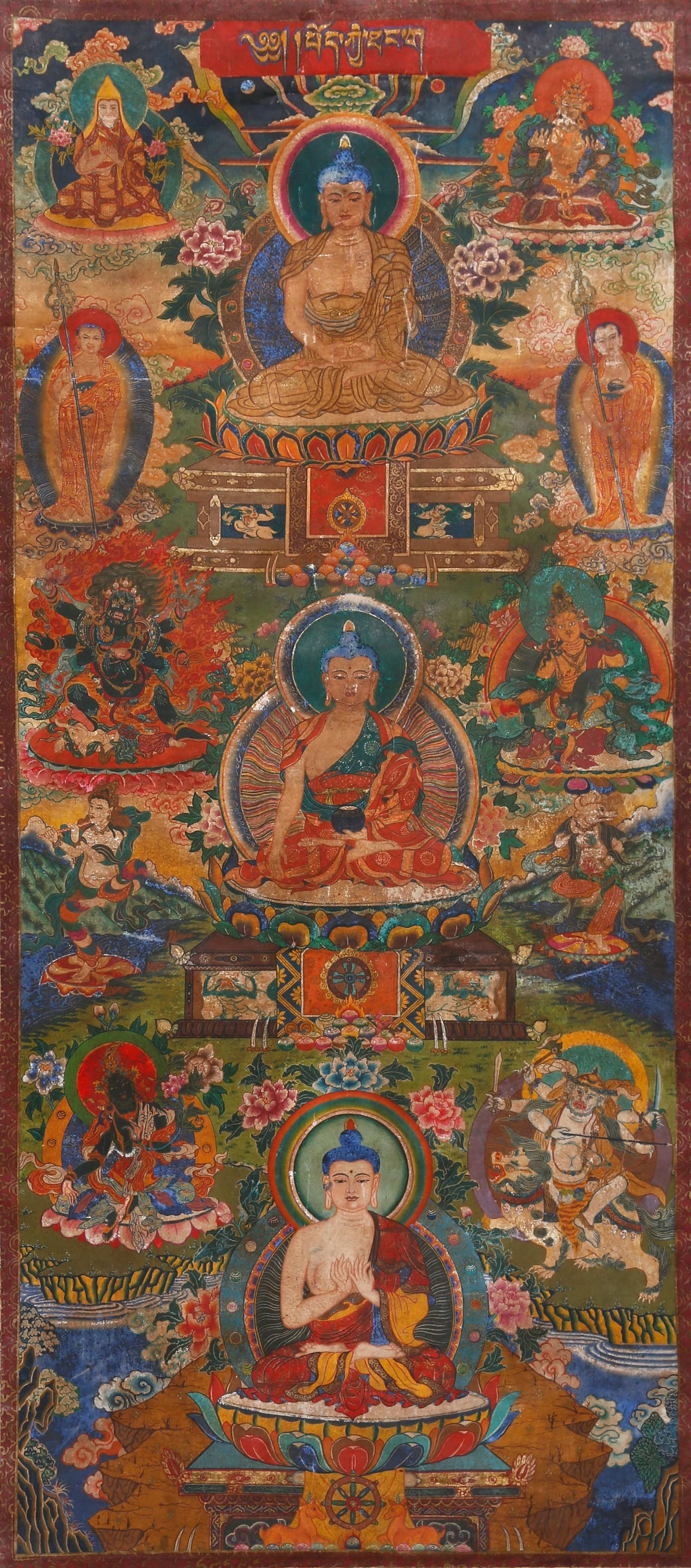 VERTICAL SCROLL THANGKA OF THREE BUDDHAS, QING DYNASTY: This is an exquisite Qing Dynasty Tibetan-style thangka painted with mineral pigments. Created in vertical scroll format, it features the Three Buddhas as central figures surrounded by patriarchs, att