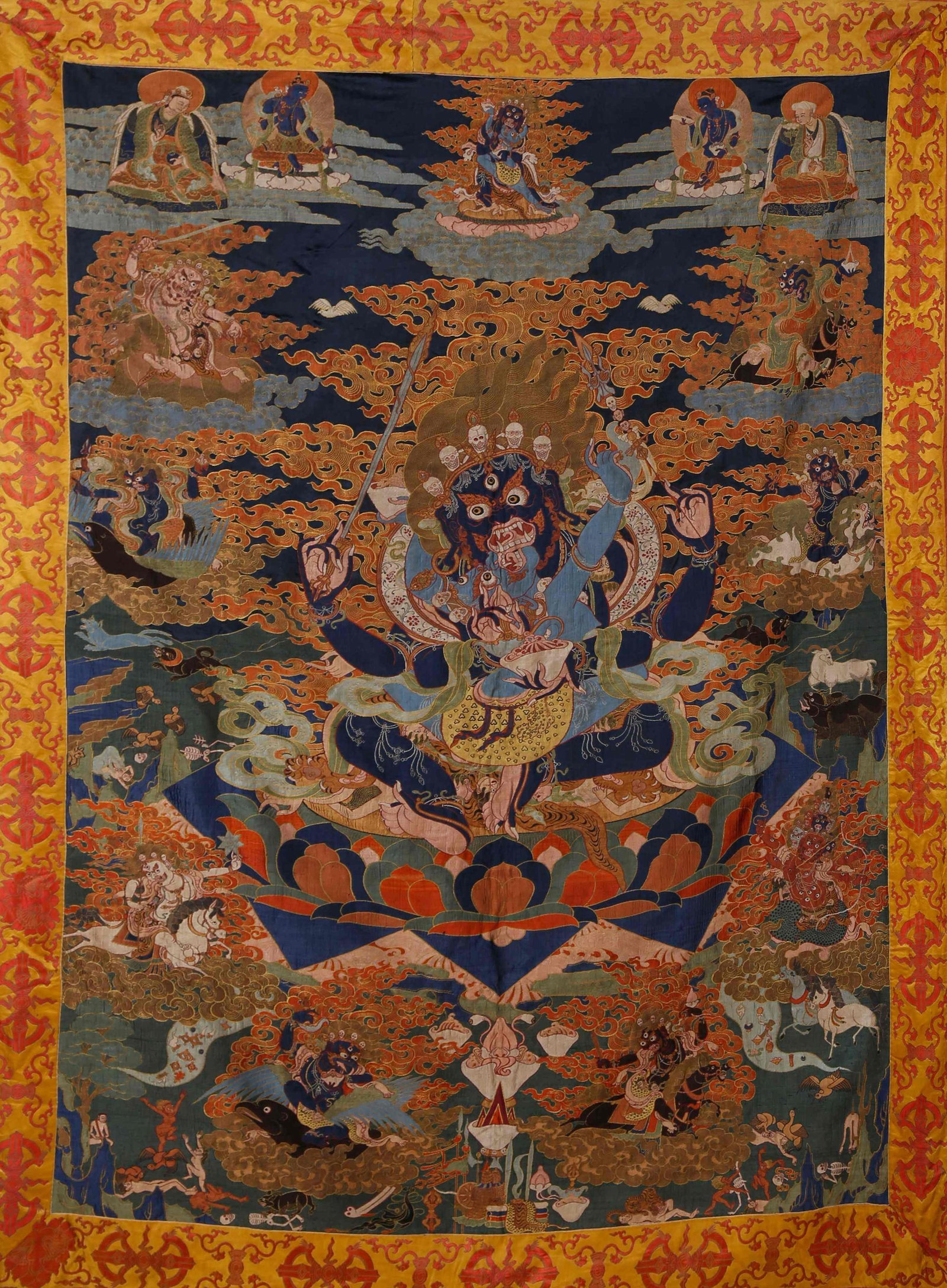 BROCADE THANGKA OF YAB-YUM WRATHFUL DEITY, QING DYNASTY: Qing Dynasty Tibetan Buddhist brocade thangka adopts superb court weaving techniques to depict the dual wrathful deity of the Anuttara Yoga Division. As a high-grade Buddhist worship artwork integrati