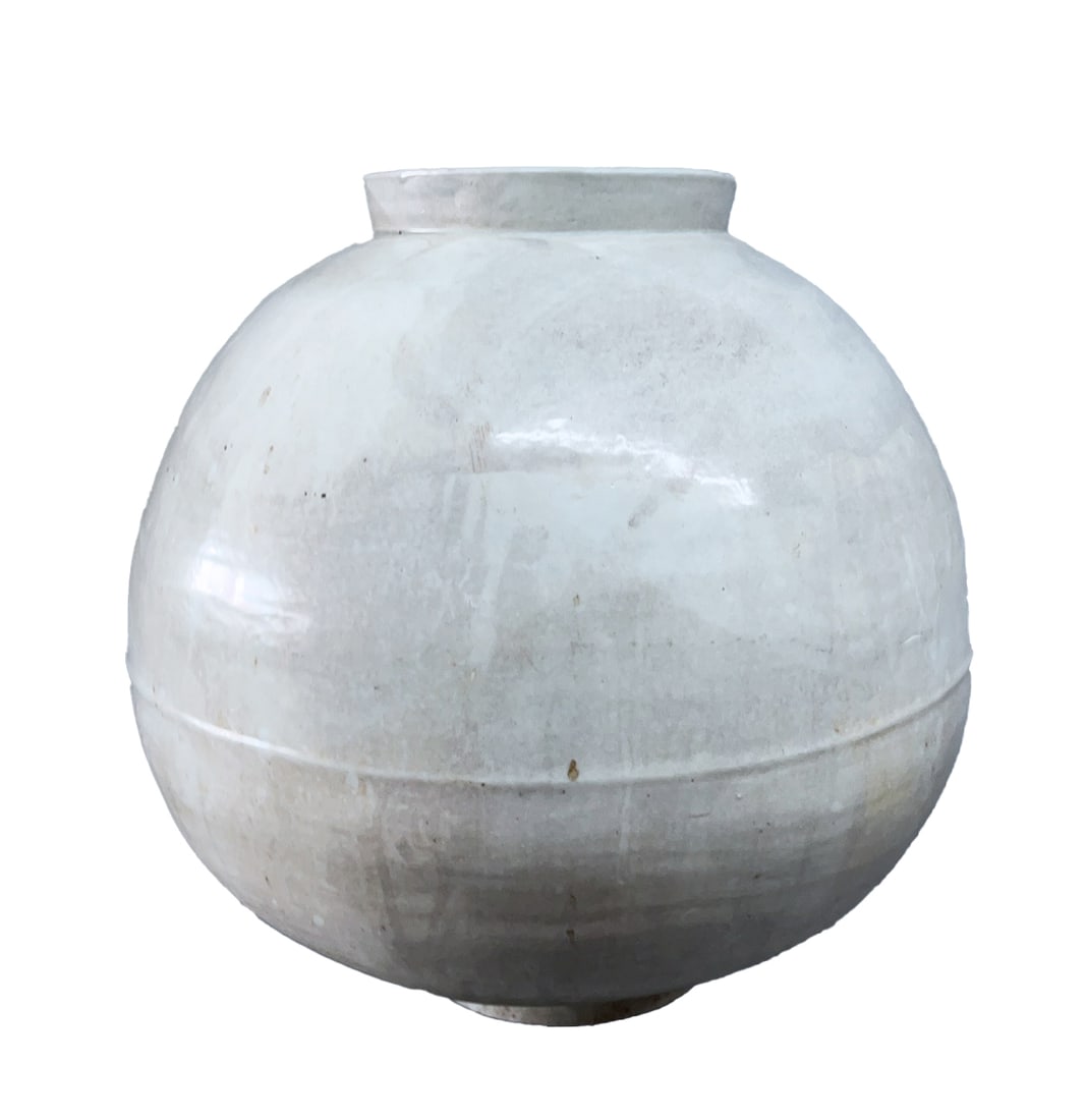 JOSEON WHITE PORCELAIN STRING-PATTERNED MOON JAR: This jar is the supreme masterpiece of Joseon Dynasty white porcelain dating from the 17th to the 19th centuries, namely the most symbolic classic artifact of Joseon period, the Moon Jar. It is named 