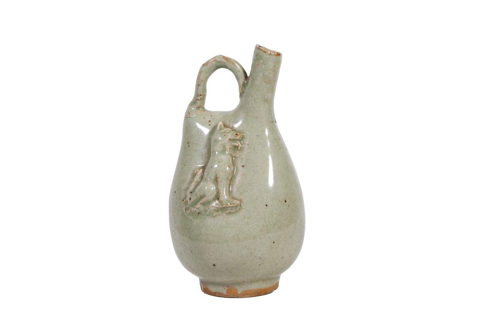 LIAO DYNASTY CELADON LEATHER POUCH-SHAPED POT WITH APPLIED BEAST PATTERN (1 of 10)