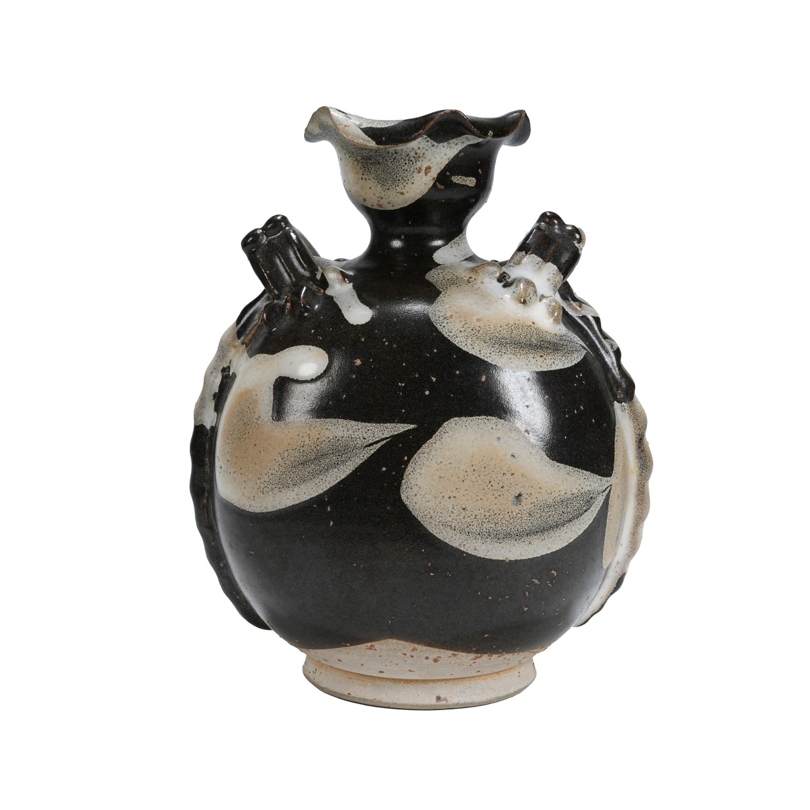 SONG DYNASTY CIZHOU KILN BLACK-GLAZED WHITE-PAINTED FLOWER-MOUTHED DOUBLE-HANDLED POT: It is sturdy and full in shape with floral-shaped mouth, constricted neck, sloping shoulders, plump round belly and slightly flared ring foot. A pair of symmetrical lugs are set on both sides of the s