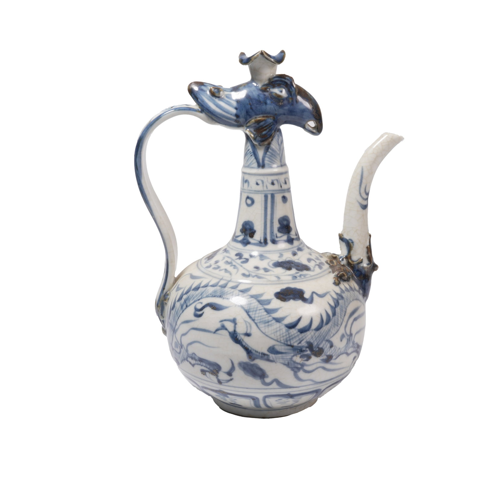 BLUE AND WHITE PHOENIX-HEAD EWER WITH CLOUD DRAGON PATTERN, YUAN DYNASTY (1 of 10)