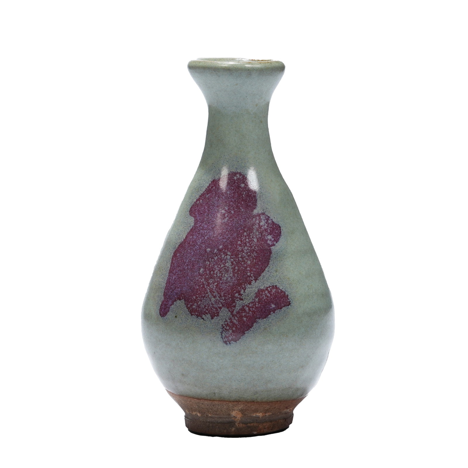 JUN KILN PURPLE-SPLASHED YUHUCHUN VASE, YUAN DYNASTY: This lot is a classic pear-shaped vase in the typical Jun Kiln style, featuring flared mouth, slender neck, pendulous belly and ring foot with soft elegant lines and well-proportioned proportions. It 