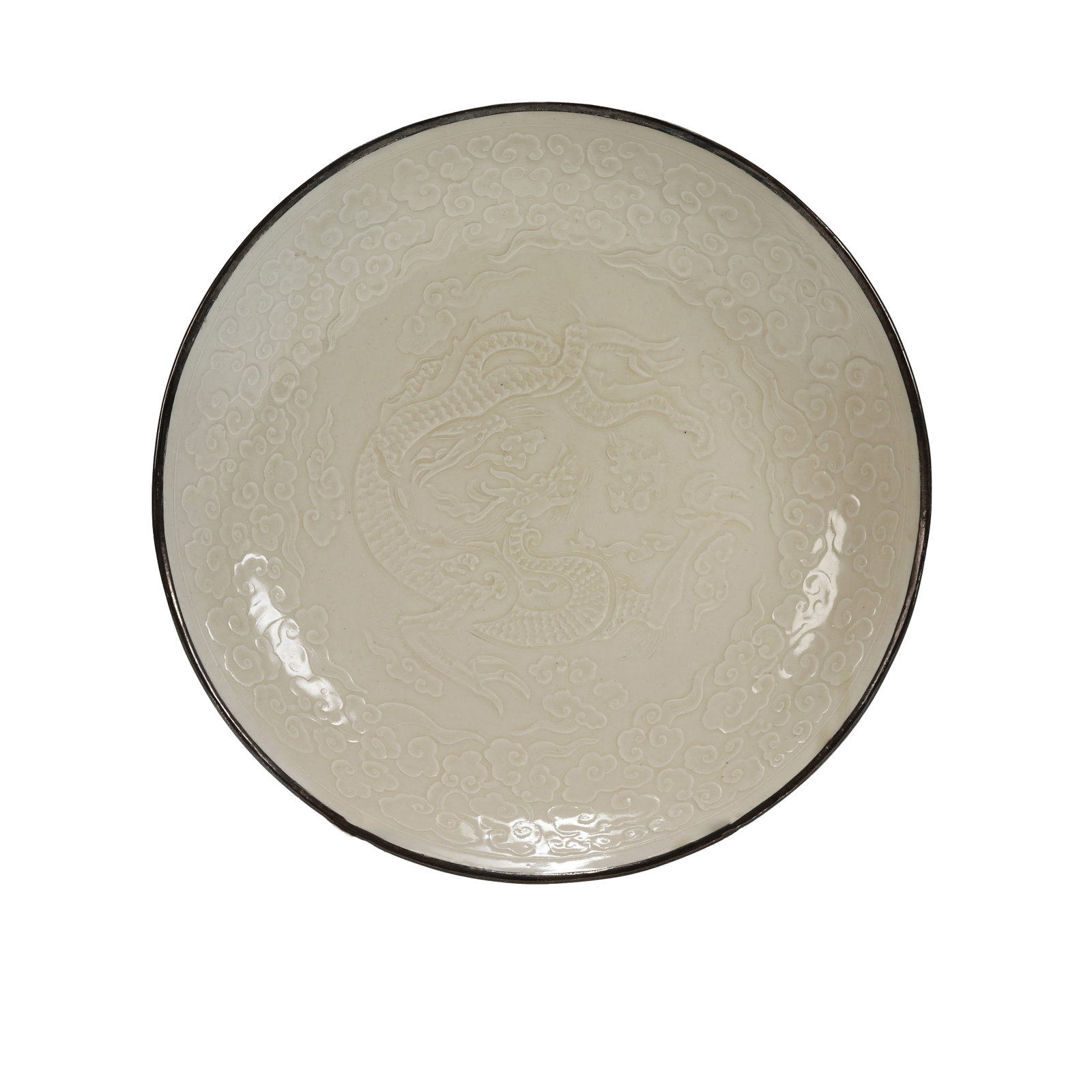 SILVER-RIMMED DING KILN WHITE GLAZED PLATE CARVED WITH CLOUD DRAGON PATTERN, SONG DYNASTY (1 of 9)