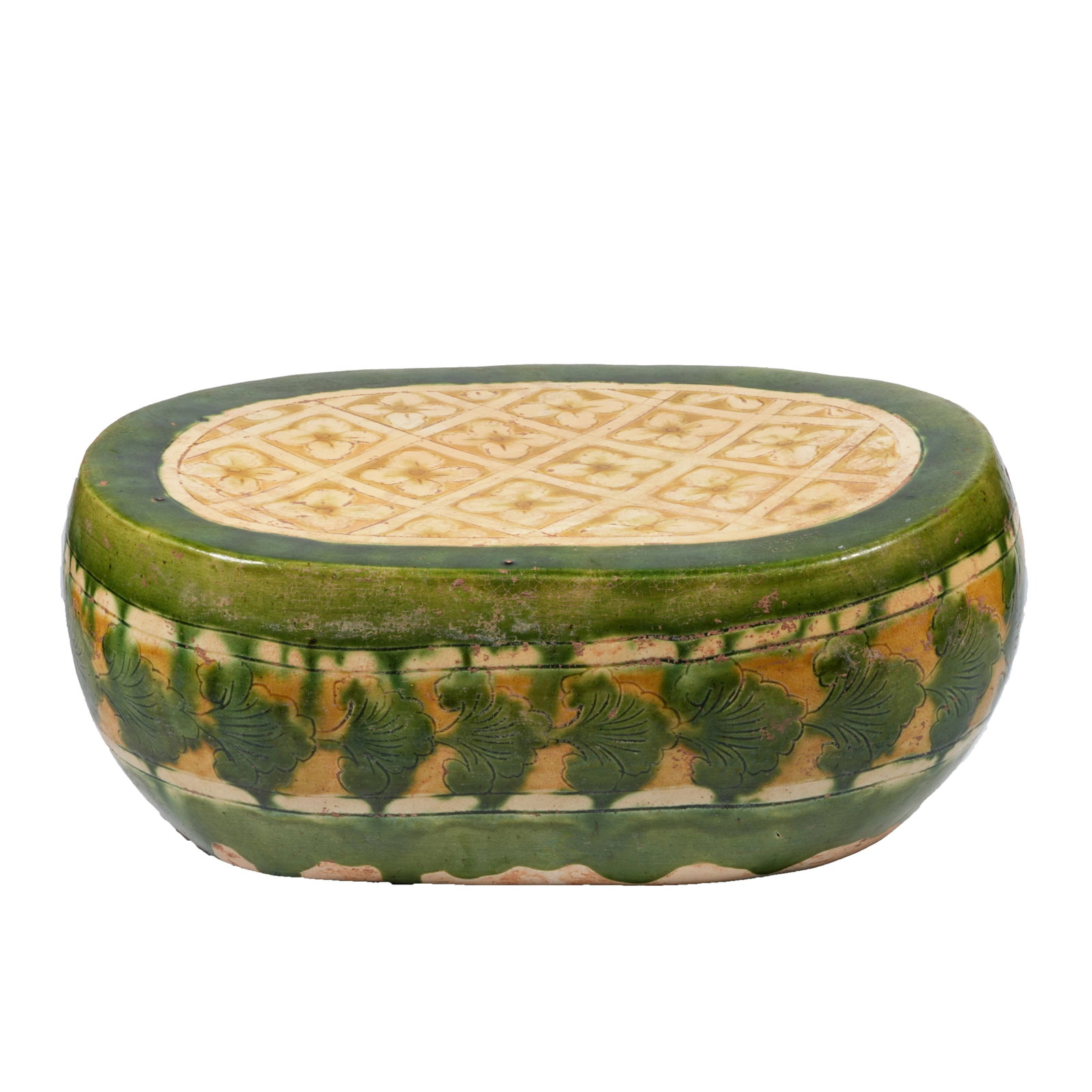 TRI-COLOR CARVED OVAL PORCELAIN PILLOW, SONG DYNASTY (1 of 8)