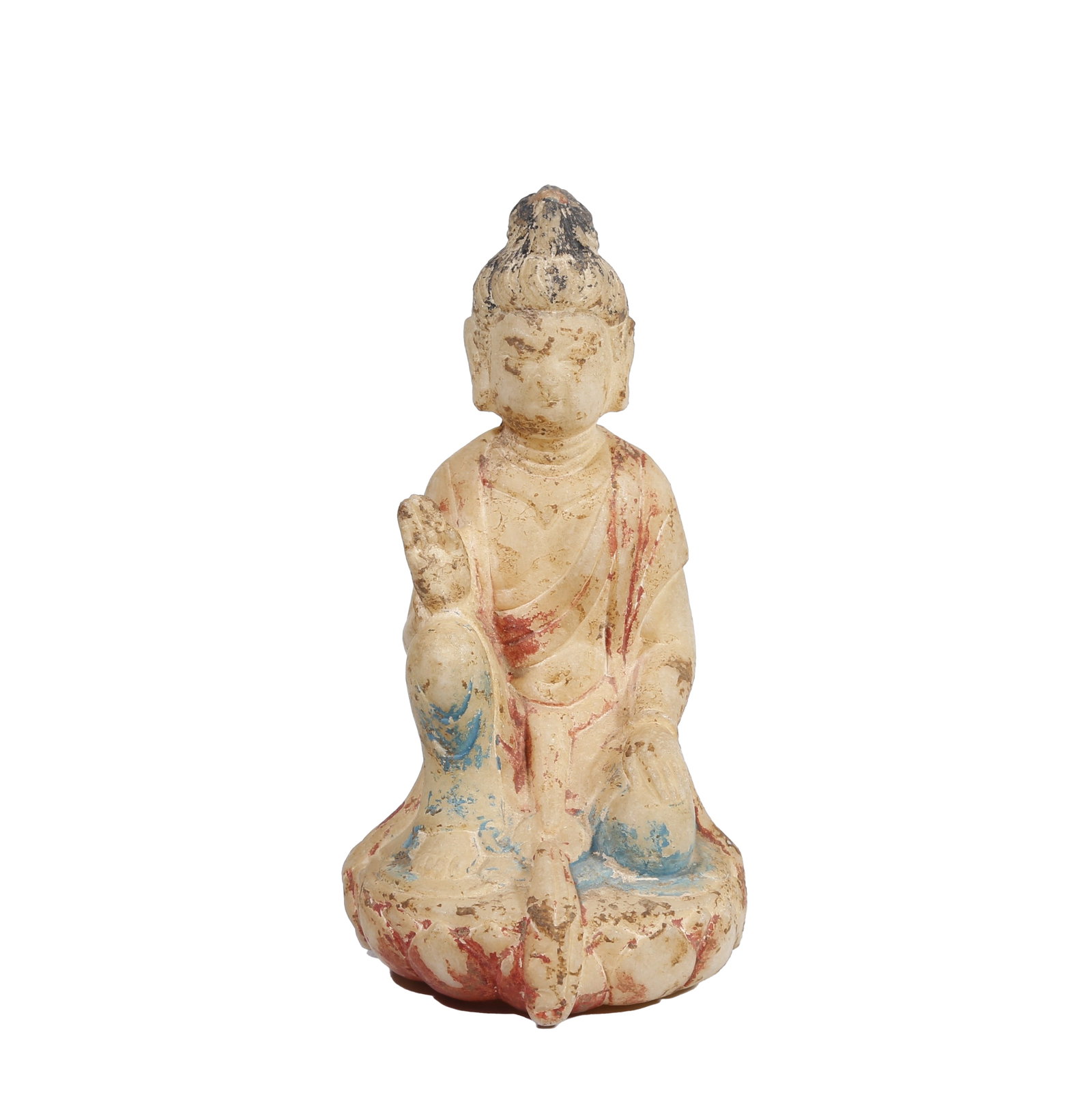 PAINTED WHITE MARBLE SAKYAMUNI BUDDHA STATUE, TANG DYNASTY: This is a painted white marble seated statue of Sakyamuni Buddha of the Tang Dynasty. Carved from mild white marble, it retains traces of red, blue and other pigments on the surface. The Buddha sits i